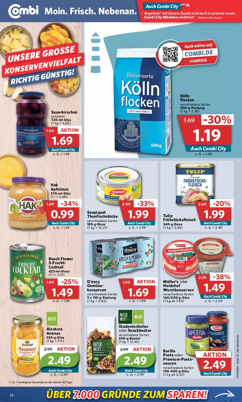 Aktueller Prospekt Combi - Prospekte - von 12.06 bis 17.06.2023 - strona 18 - produkty: ananas, angebot, angebote, apfel, apfelmus, auer, barilla, Becher, beutel, cocktail, eis, ente, fisch, fleisch, frucht, frühstücksfleisch, kirsch, kirsche, kirschen, kölln, Konserven, Müller, natur, natura, pasta, pesto, reis, sauce, saucen, sauerkirschen, saupiquet, snack, studentenfutter, thunfisch, Ti, tulip, wurst, wurstkonserven, ZTE