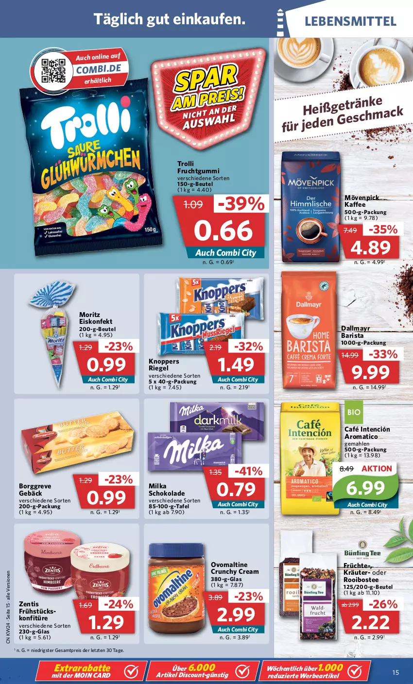 Aktueller Prospekt Combi - Prospekte - von 12.06 bis 17.06.2023 - strona 19 - produkty: beutel, dallmayr, discount, eis, eiskonfekt, frucht, früchte, fruchtgummi, kaffee, knoppers, konfitüre, kräuter, lebensmittel, mac, milka, milka schokolade, mövenpick, mövenpick kaffee, ovomaltine, reis, riegel, schoko, schokolade, tee, Ti, trolli, trolli fruchtgummi, zentis, ZTE