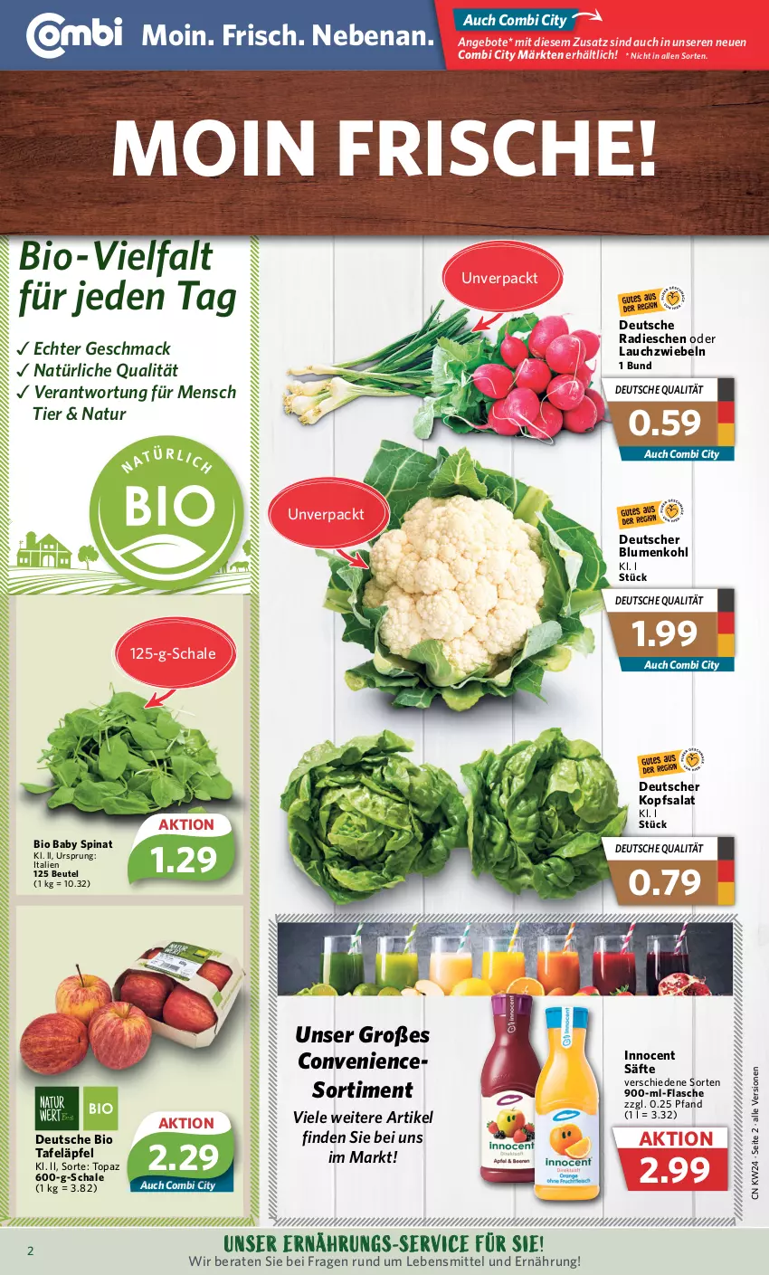 Aktueller Prospekt Combi - Prospekte - von 12.06 bis 17.06.2023 - strona 2 - produkty: angebot, angebote, beutel, bio, blume, blumen, blumenkohl, flasche, Innocent, kopfsalat, Lauchzwiebel, lauchzwiebeln, lebensmittel, mac, natur, radieschen, säfte, salat, Schal, Schale, spinat, tafeläpfel, Ti, zwiebel, zwiebeln