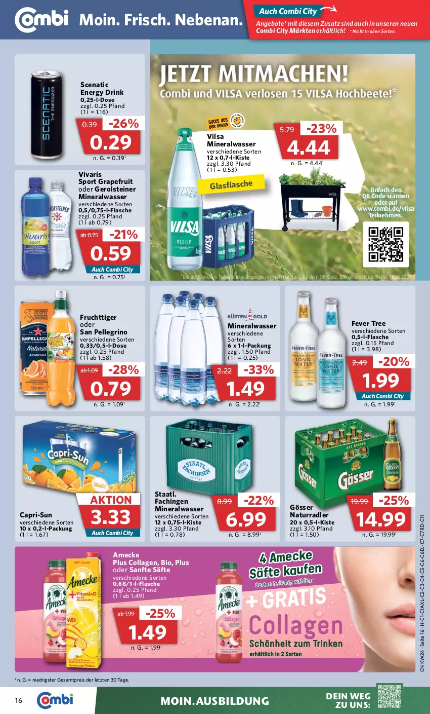 Aktueller Prospekt Combi - Prospekte - von 12.06 bis 17.06.2023 - strona 20 - produkty: Alwa, amecke, angebot, angebote, bio, Cap, capri-sun, Collagen, drink, eis, elle, energy drink, flasche, frucht, gerolsteine, gerolsteiner, glasflasche, gösser, grapefruit, mineralwasser, natur, radler, reis, säfte, san pellegrino, Sport, Staatl. Fachingen, steiner, Ti, usb, vilsa, Vivaris, wasser, ZTE