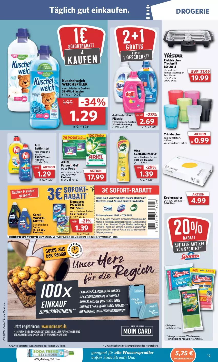 Aktueller Prospekt Combi - Prospekte - von 12.06 bis 17.06.2023 - strona 23 - produkty: ariel, auer, Becher, bio, biozidprodukte, Brei, Coral, coupon, dalli, dauertiefpreis, din a4, domestos, eis, elle, flasche, gin, grill, gutschein, Heu, kopierpapier, Kuschelweich, lebensmittel, milch, papier, Pods, pril, Rauch, reis, rwe, scheuermilch, Soda, sofortrabatt, spontex, spülmittel, teller, Ti, tiefpreis, tisch, tischgrill, trinkbecher, waschmittel, wasser, wassersprudler, weichspüler, ZTE