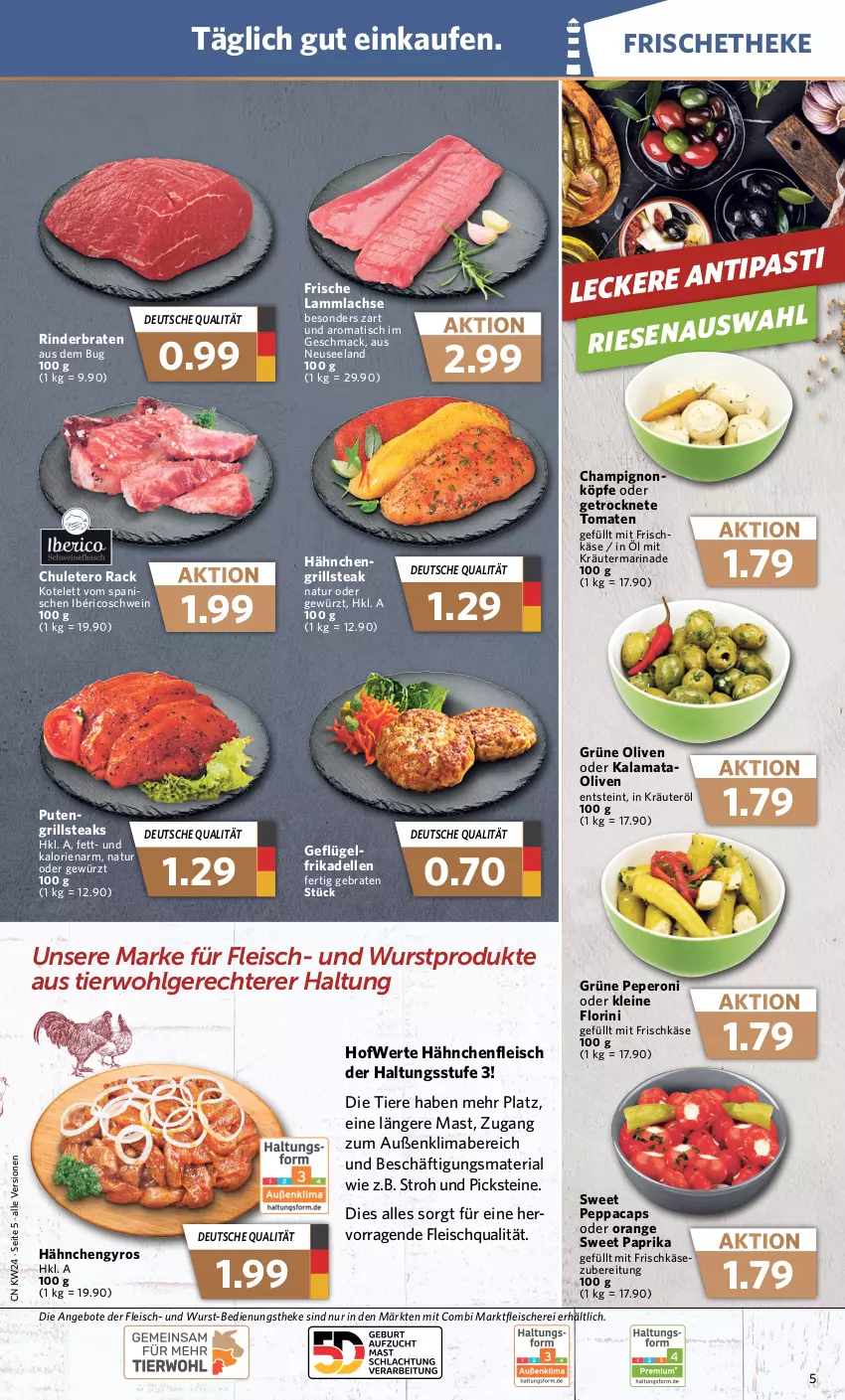 Aktueller Prospekt Combi - Prospekte - von 12.06 bis 17.06.2023 - strona 5 - produkty: angebot, angebote, asti, braten, Cap, champignon, dell, eis, Elan, elle, fleisch, Fleischerei, frikadellen, frischkäse, Geflügel, Getrocknete Tomaten, gewürz, grill, grüne oliven, gyros, Hähnchenfleisch, Hähnchengyros, Käse, kotelett, kräuter, lachs, lamm, lammlachse, leine, LG, mab, mac, marinade, natur, olive, oliven, orange, paprika, peperoni, Peroni, pute, Ria, rind, rinder, rinderbraten, Schere, schwein, steak, steaks, Ti, Tiere, tisch, tomate, tomaten, wein, wurst