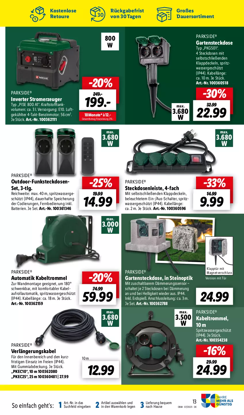 Aktueller Prospekt Lidl - Juli-Highlights im Onlineshop - von 01.07 bis 31.07.2023 - strona 13 - produkty: auer, auto, batterie, batterien, decke, Deckel, eis, fernbedienung, Garten, Kabeltrommel, korb, kraft, Leuchte, LG, Parkside, Schal, steckdose, Steckdosenleiste, Stromerzeuger, Ti, trommel, wasser