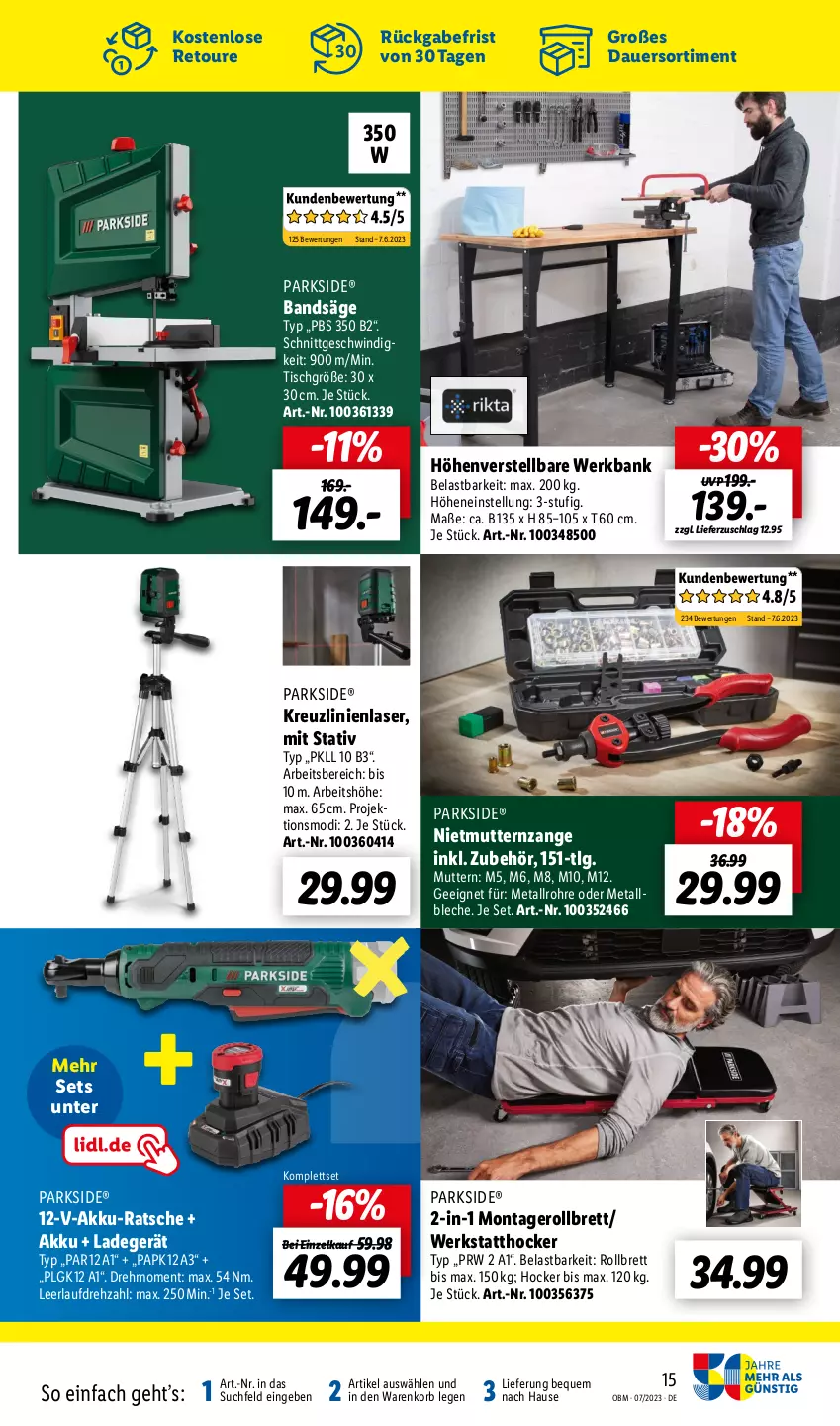 Aktueller Prospekt Lidl - Juli-Highlights im Onlineshop - von 01.07 bis 31.07.2023 - strona 15 - produkty: akku, auer, Bank, hocker, korb, ladegerät, LG, Parkside, säge, Ti, tisch