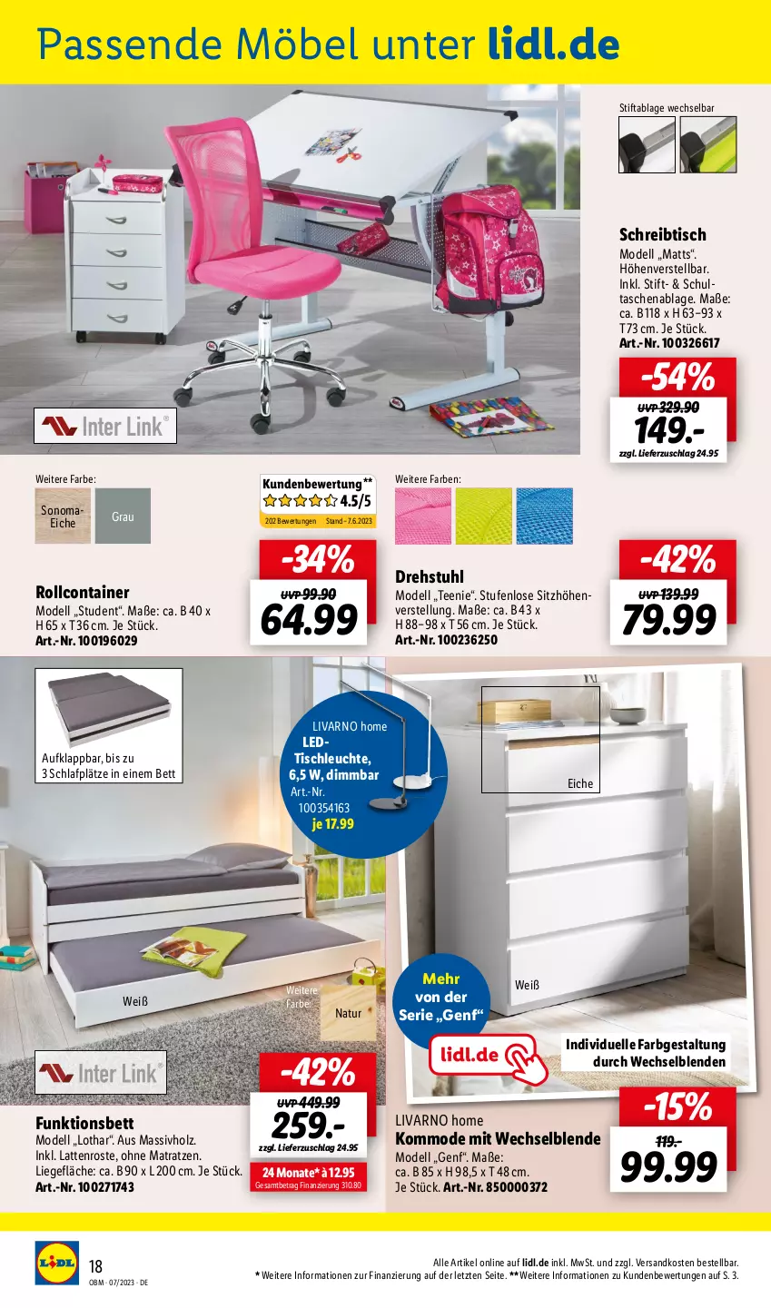 Aktueller Prospekt Lidl - Juli-Highlights im Onlineshop - von 01.07 bis 31.07.2023 - strona 18 - produkty: bett, Container, dell, drehstuhl, elle, Holz, kommode, latte, lattenrost, Leuchte, Liege, massivholz, matratze, matratzen, möbel, Mode, natur, ndk, ohne matratze, rollcontainer, schreibtisch, Sitzhöhe, sitzhöhenverstellung, stuhl, Tasche, taschen, tee, Ti, tisch, tischleuchte, ZTE