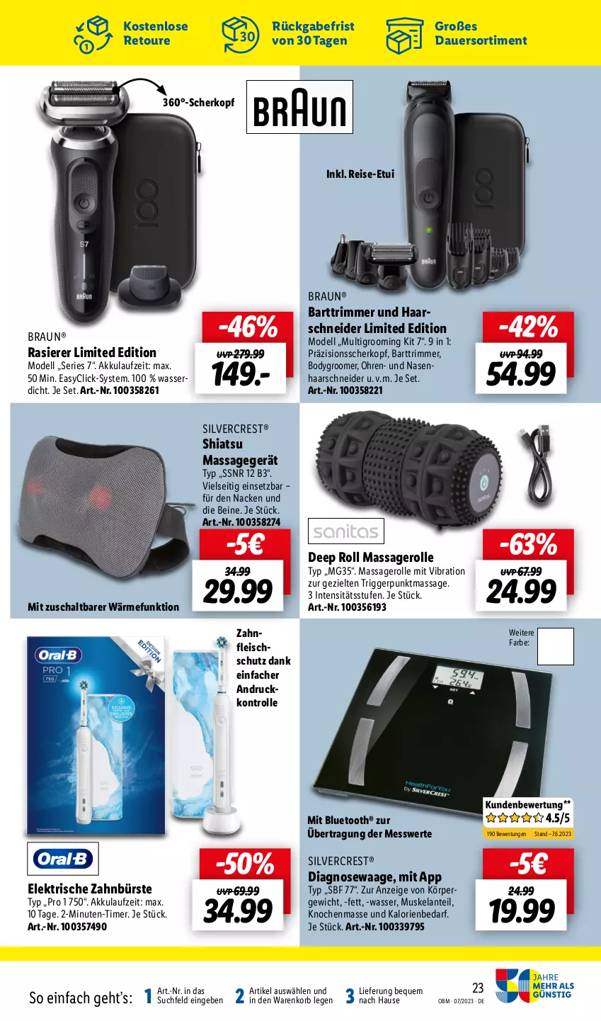 Aktueller Prospekt Lidl - Juli-Highlights im Onlineshop - von 01.07 bis 31.07.2023 - strona 23 - produkty: akku, auer, body, Bodygroom, braun, bürste, dell, eis, Elan, elektrische zahnbürste, fleisch, haarschneider, korb, Massagegerät, Mode, Multigroom, rasierer, reis, Schal, silvercrest, Ti, timer, Waage, wasser, zahnbürste