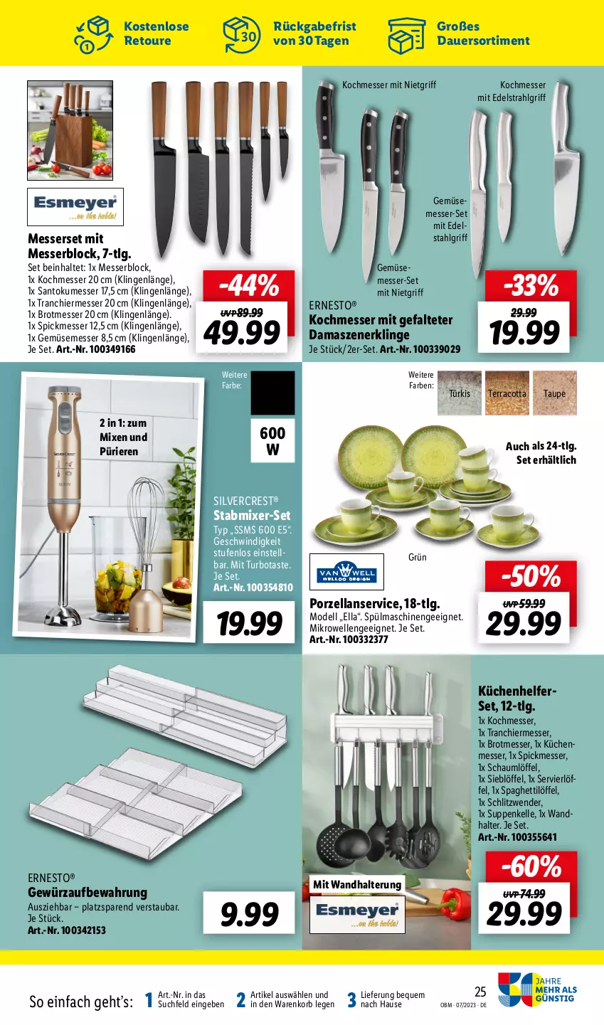 Aktueller Prospekt Lidl - Juli-Highlights im Onlineshop - von 01.07 bis 31.07.2023 - strona 25 - produkty: auer, brot, dell, edelstahl, elle, ernesto, gewürz, korb, küche, Küchen, Küchenhelfer, LG, Löffel, messer, messerblock, Messerset, mikrowelle, Mixer, Mode, silvercrest, spaghetti, Spaghettilöffel, spülmaschinen, stabmixer, suppe, suppen, Ti, wandhalterung