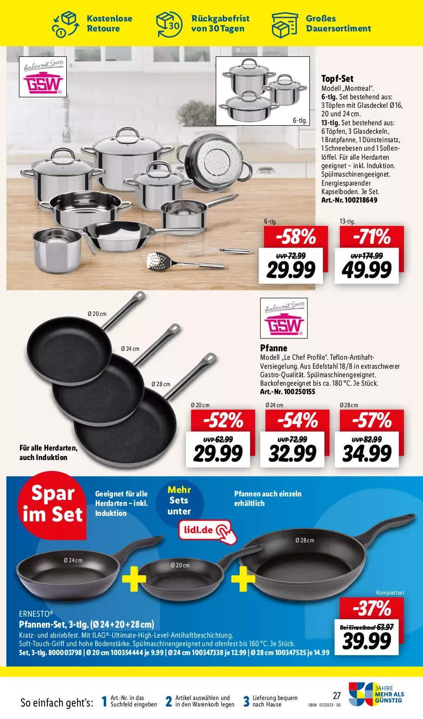 Aktueller Prospekt Lidl - Juli-Highlights im Onlineshop - von 01.07 bis 31.07.2023 - strona 27 - produkty: auer, backofen, bratpfanne, brie, decke, Deckel, dell, edelstahl, ernesto, Glasdeckel, herdarten, ilag, korb, LG, Löffel, Mode, Ofen, pfanne, pfannen, pfannen-set, Schneebesen, Soße, spülmaschinen, Ti, topf, topf-set