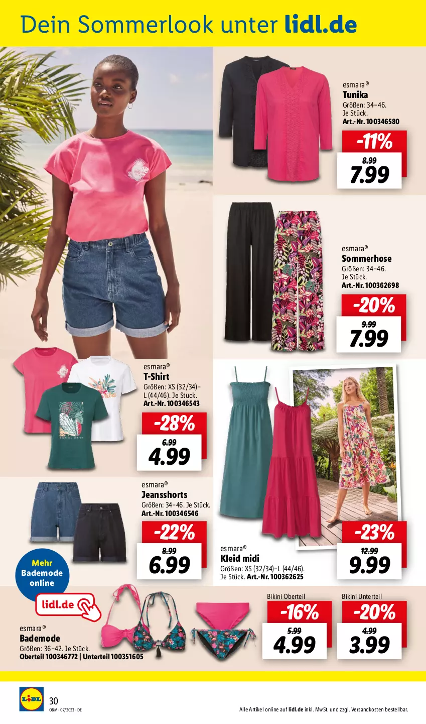 Aktueller Prospekt Lidl - Juli-Highlights im Onlineshop - von 01.07 bis 31.07.2023 - strona 30 - produkty: Bad, bikini, esmara, hose, jeans, kleid, merl, Mode, ndk, shirt, shorts, T-Shirt, Ti, tunika