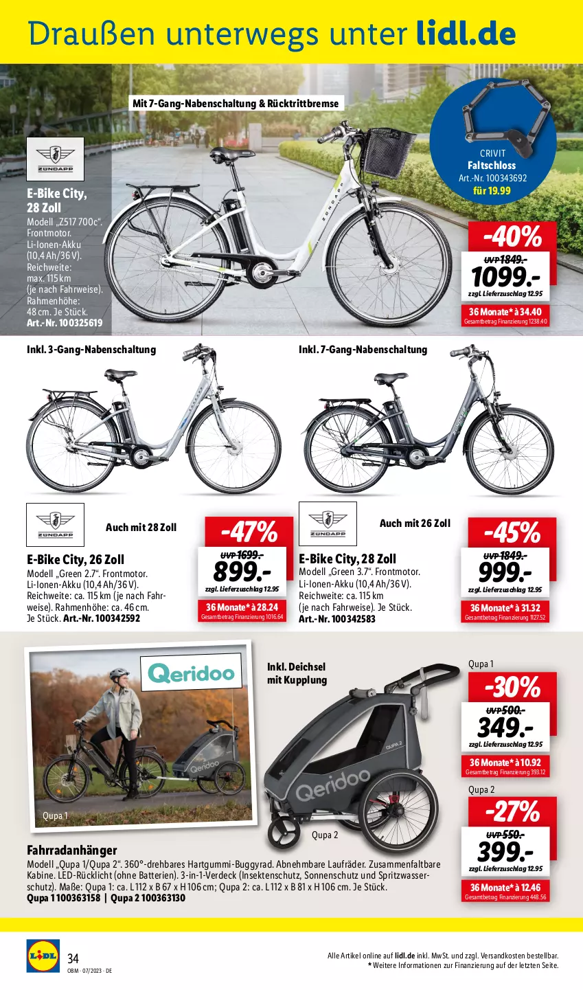 Aktueller Prospekt Lidl - Juli-Highlights im Onlineshop - von 01.07 bis 31.07.2023 - strona 34 - produkty: akku, Anhänger, batterie, batterien, Buggy, crivit, dell, E-Bike, eis, erde, Fahrrad, Faltschloss, insektenschutz, laufräder, Mode, ndk, rücklicht, rücktrittbremse, rwe, Schal, sekt, sonnenschutz, Ti, wasser, ZTE