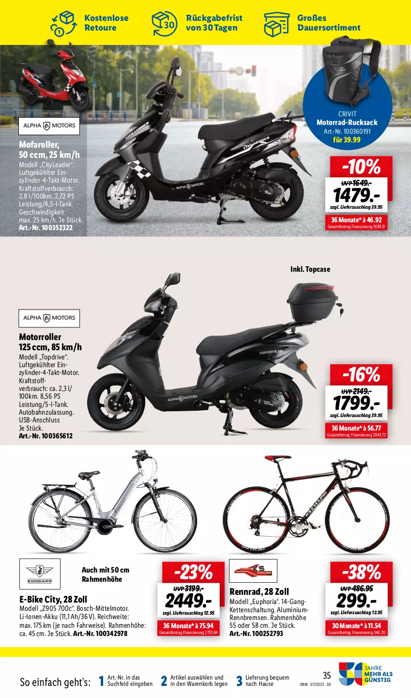 Aktueller Prospekt Lidl - Juli-Highlights im Onlineshop - von 01.07 bis 31.07.2023 - strona 35 - produkty: akku, auer, auto, bosch, crivit, dell, E-Bike, eis, Kette, korb, kraft, Mode, Motorroller, Rauch, Ria, Roller, rucksack, rwe, sac, Schal, Ti, usb