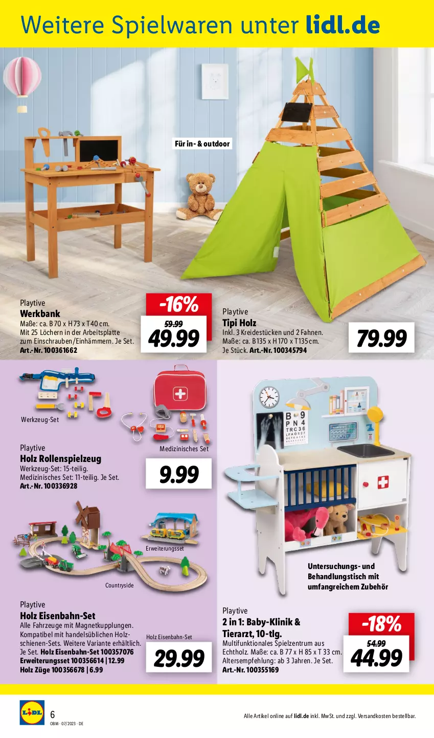 Aktueller Prospekt Lidl - Juli-Highlights im Onlineshop - von 01.07 bis 31.07.2023 - strona 6 - produkty: arbeitsplatte, Bank, eis, Eisenbahn, Holz, Kreide, latte, LG, ndk, Ria, rum, rwe, schrauben, spielwaren, spielzeug, Ti, Tipi, tisch, werkzeug