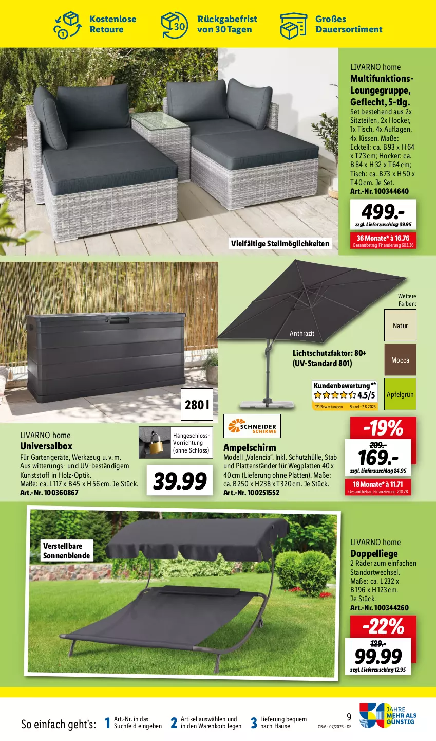 Aktueller Prospekt Lidl - Juli-Highlights im Onlineshop - von 01.07 bis 31.07.2023 - strona 9 - produkty: ampelschirm, apfel, auer, dell, Garten, hocker, Holz, kissen, korb, latte, LG, Liege, Mode, natur, schutzhülle, Ti, tisch, werkzeug, ZTE