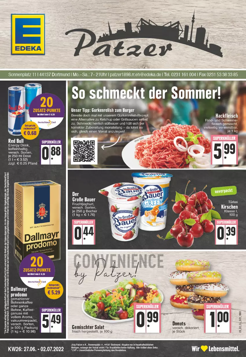 Aktueller Prospekt Edeka - Angebote der Woche - von 27.06 bis 02.07.2022 - strona 1 - produkty: auer, Bau, Bauer, bohne, bohnen, bohnenkaffee, deutschlandcard, eier, eis, Elan, erde, fleisch, frucht, fruchtjoghurt, grill, grillsauce, gurke, gurken, hackfleisch, joghur, joghurt, kaffee, ketchup, lebensmittel, prodomo, red bull, rel, rezept, salat, sauce, saucen, schwein, schweine, Ti, wein, weine