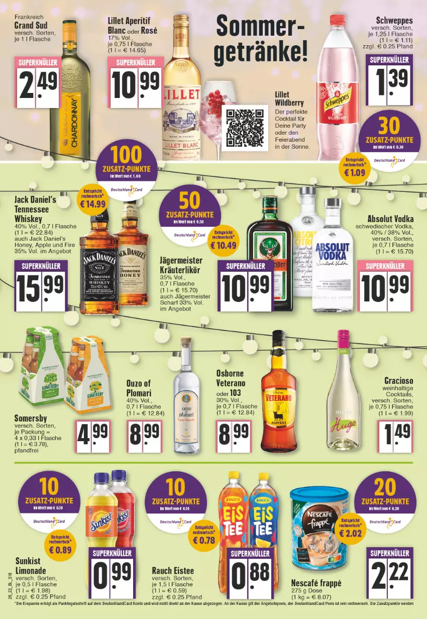 Aktueller Prospekt Edeka - Angebote der Woche - von 27.06 bis 02.07.2022 - strona 16 - produkty: Absolut Vodka, angebot, angebote, aperitif, Apple, cocktail, cocktails, deutschlandcard, eier, eis, eistee, erde, flasche, Germ, gracioso, jack daniel, jack daniel's, jägermeister, Kette, kräuter, kräuterlikör, LG, likör, lillet, limo, limonade, Meister, osborne, ouzo, Rauch, reis, Ria, schweppes, tee, Ti, veterano, vodka, wein, whiskey, Wild