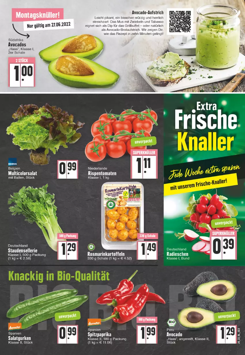 Aktueller Prospekt Edeka - Angebote der Woche - von 27.06 bis 02.07.2022 - strona 3 - produkty: aufstrich, avocado, avocados, ball, brot, brotaufstrich, dip, elle, grill, gurke, gurken, LG, mit zwiebeln, paprika, radieschen, rezept, rispentomaten, salat, Salatgurke, salatgurken, Schal, Schale, Spitzpaprika, stauden, Streichzart, tabasco, Ti, tomate, tomaten, zwiebel, zwiebeln