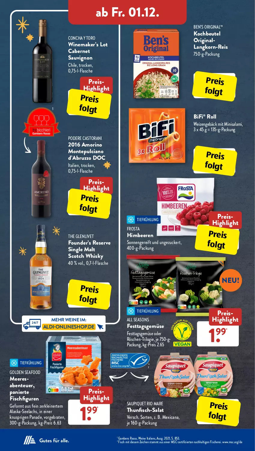 Aktueller Prospekt AldiSud - IN ZWEI WOCHEN - von 27.11 bis 02.12.2023 - strona 26 - produkty: Alaska-Seelachs, aldi, Amber, beere, beeren, Ben’s Original, beutel, bifi, braten, cabernet, cabernet sauvignon, eis, ente, fisch, fische, Fischer, flasche, frosta, gin, himbeer, himbeere, himbeeren, kochbeutel, korn, lachs, leine, LG, monte, Montepulciano, reis, resa, Rio Mare, salami, salat, saupiquet, sauvignon, Schere, scotch, scotch whisky, single malt, thunfisch, Ti, wein, weine, whisky, zucker