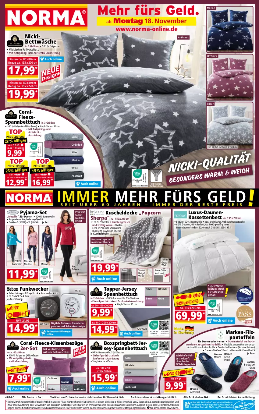 Aktueller Prospekt Norma - Norma - von 18.11 bis 25.11.2024 - strona 1 - produkty: aufbewahrungstasche, Bau, baumwolle, Bebe, beere, beleuchtung, bett, Betttuch, bettwäsche, boxspringbett, Coral, decke, eis, elle, ente, erde, Funkwecker, gin, jersey-spannbetttuch, kissen, kuscheldecke, LG, mikrofaser, Mode, ndk, orchidee, Pantoffeln, popcorn, Pyjama, reis, Ria, ring, schuhe, spannbetttuch, Tasche, Ti, Tipi, tisch, topper, tuc, weck, wolle, ZTE