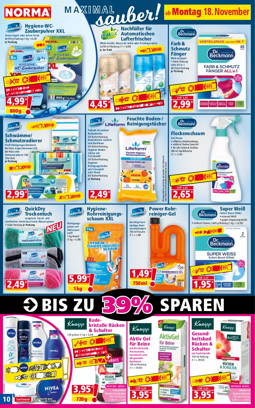 Aktueller Prospekt Norma - Norma - von 18.11 bis 25.11.2024 - strona 10 - produkty: aktiv gel, Apple, auer, auto, Bad, balsam, basilikum, beutel, bio, biozidprodukte, Bodentücher, citrus, flasche, Gesundheit, hama, laminat, laminatboden, limette, lufterfrischer, mam, Mett, nero, Panthenol, Rauch, reifen, reiniger, Reinigung, Reinigungsschaum, reinigungstücher, rwe, schaumbad, sprühflasche, Ti, tisch, topf, tuc, tücher, wasser