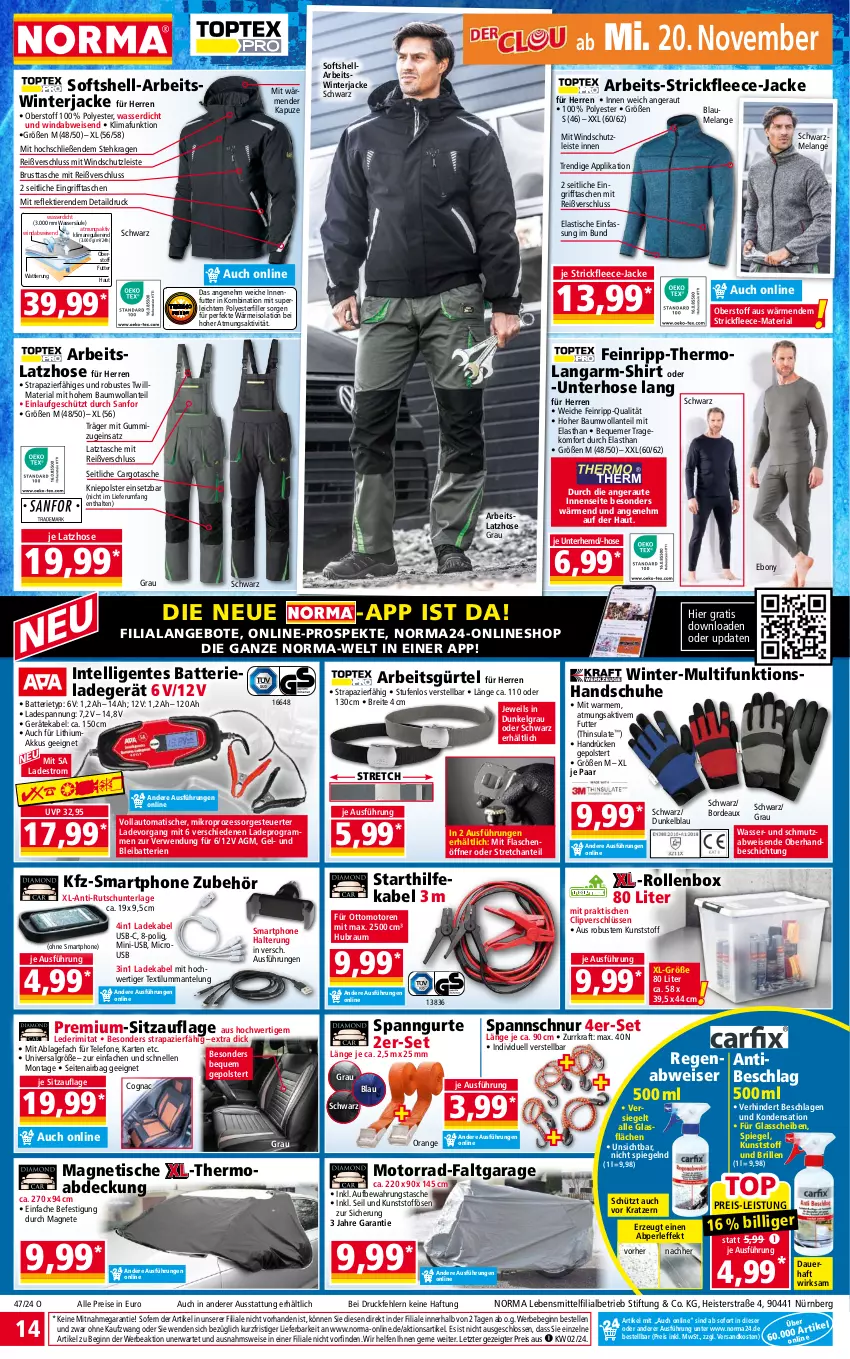 Aktueller Prospekt Norma - Norma - von 18.11 bis 25.11.2024 - strona 14 - produkty: akku, angebot, angebote, asti, auer, aufbewahrungstasche, auto, batterie, batterien, Bau, Bebe, Brei, Brille, Cognac, deka, eis, Elan, elle, ente, flasche, flaschenöffner, gin, handschuhe, hella, hemd, hose, Intel, Intelligentes Batterieladegerät, Jacke, kraft, ladegerät, ladekabel, Latzhose, lebensmittel, LG, Mantel, ndk, orange, reis, Ria, Rollenbox, rum, rwe, schuhe, shirt, Sitzauflage, smartphone, spiegel, Tasche, taschen, telefon, Ti, Tiere, tisch, Unterhemd, usb, wasser, Windschutz, ZTE