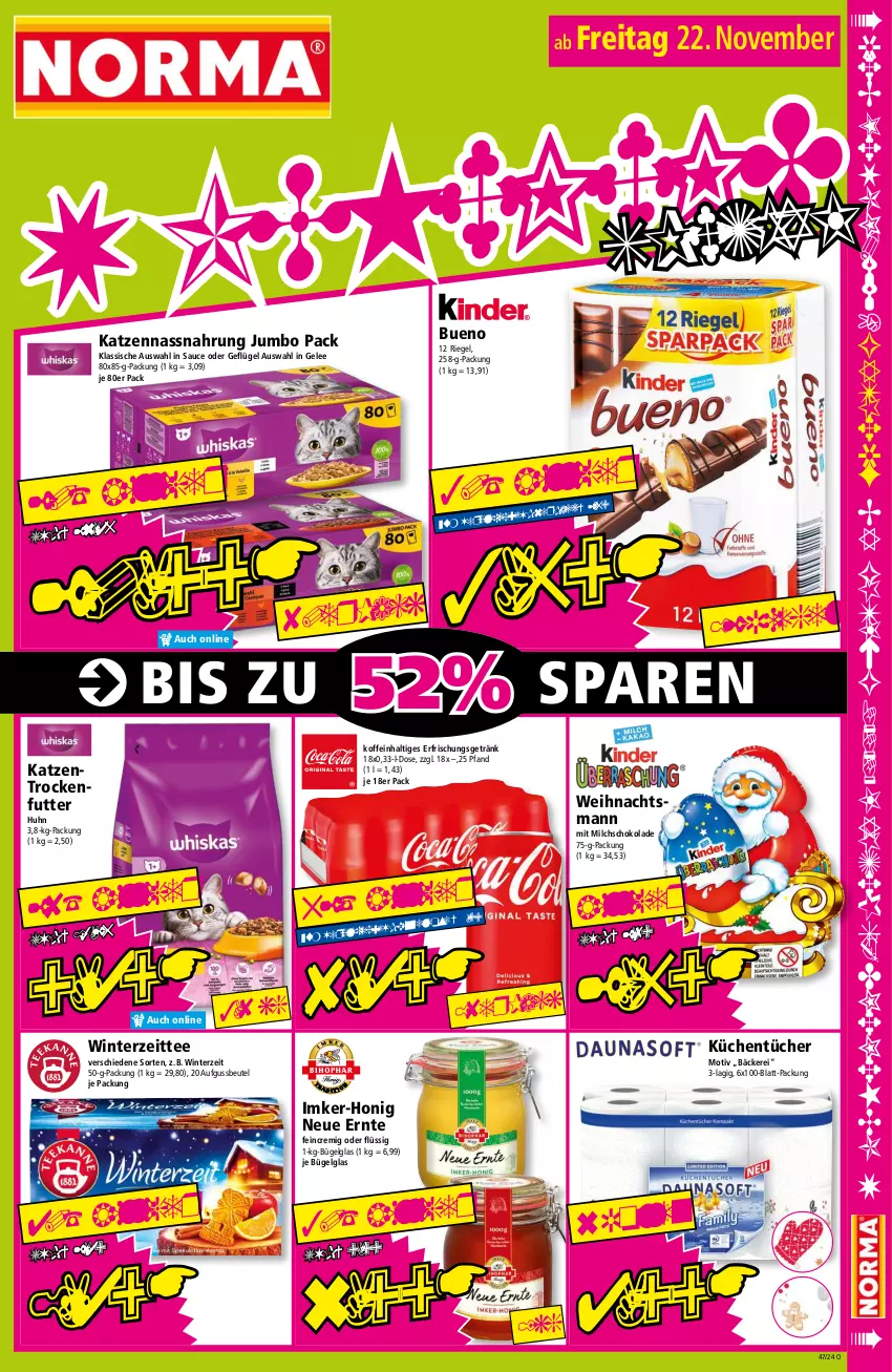 Aktueller Prospekt Norma - Norma - von 18.11 bis 25.11.2024 - strona 15 - produkty: beutel, bügel, erfrischungsgetränk, Geflügel, gelee, getränk, honig, jumbo, Katzentrockenfutter, küche, Küchen, küchentücher, LG, milch, Nassnahrung, riegel, sauce, schoko, schokolade, tee, Ti, trockenfutter, tücher