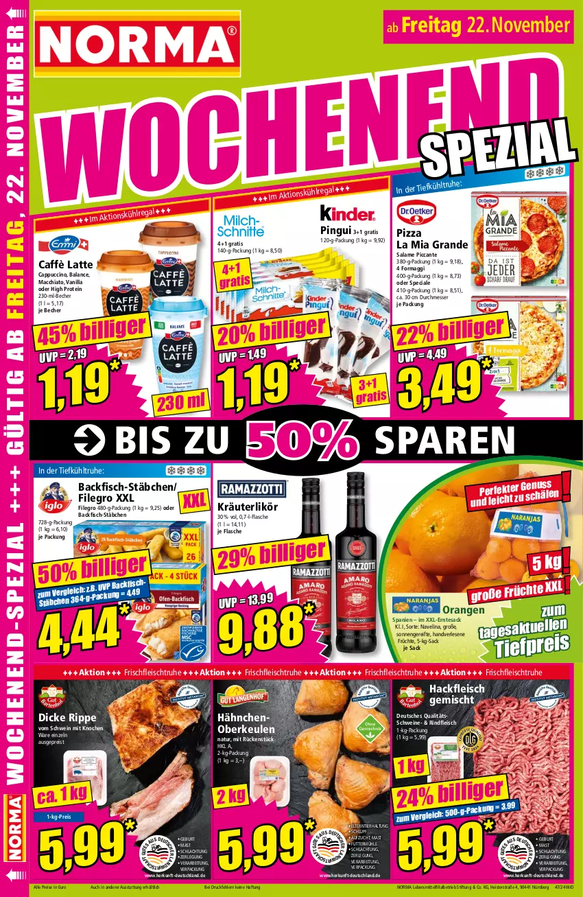 Aktueller Prospekt Norma - Norma - von 18.11 bis 25.11.2024 - strona 16 - produkty: ACC, backfisch, Becher, caffè latte, Cap, cappuccino, chia, cin, eis, filegro, fisch, flasche, fleisch, früchte, hackfleisch, hackfleisch gemischt, kräuter, kräuterlikör, latte, lebensmittel, likör, mac, macchiato, maggi, messer, natur, navelina, nuss, orange, orangen, pingui, pizza, regal, reis, rind, rindfleisch, sac, schwein, schweine, tesa, Ti, tiefpreis, wein, weine