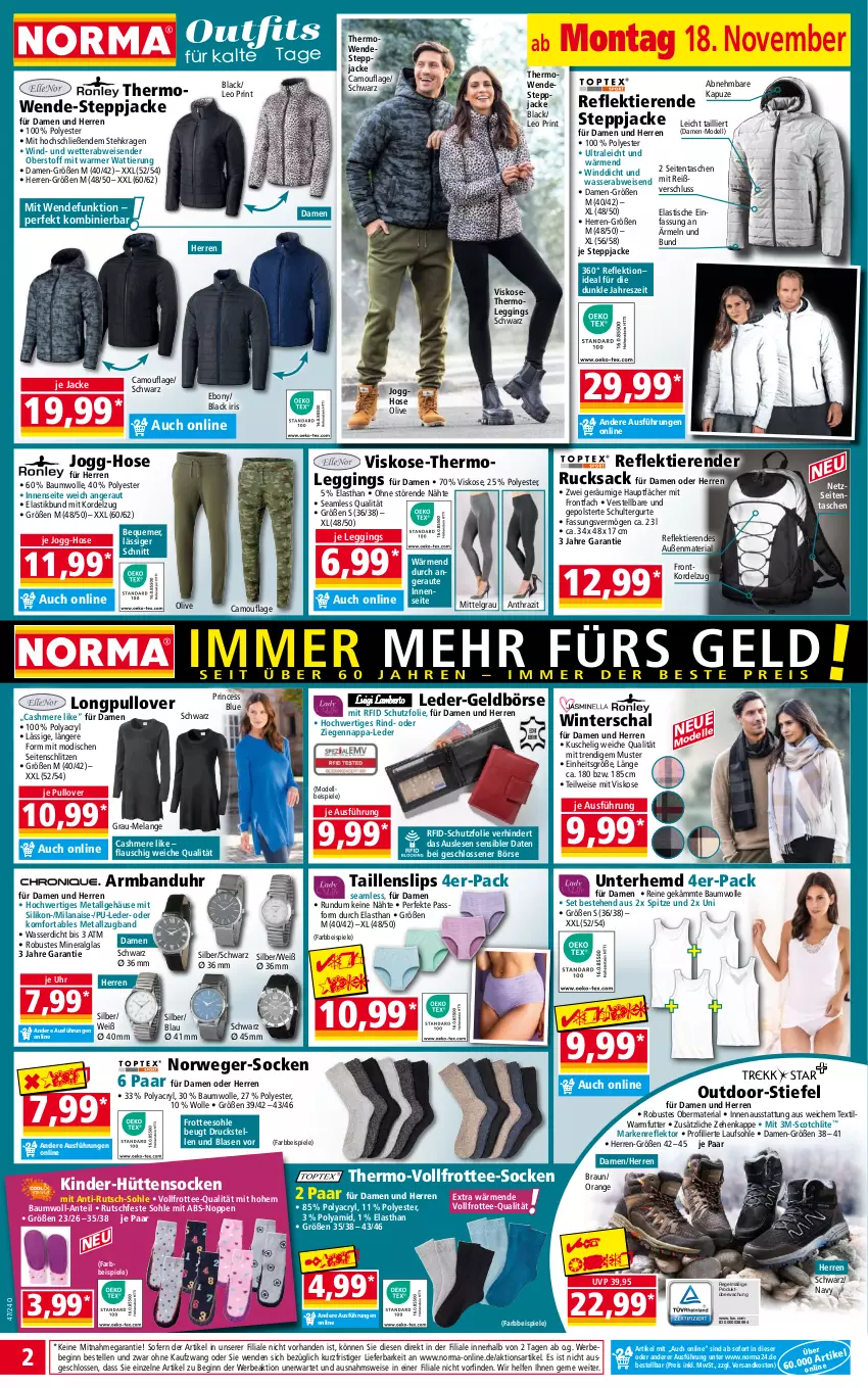 Aktueller Prospekt Norma - Norma - von 18.11 bis 25.11.2024 - strona 2 - produkty: Armband, Armbanduhr, asti, Bau, baumwolle, Bebe, braun, cashmere, damen-mode, dell, eis, Elan, elle, Frottee-Socken, Geldbörse, gin, hemd, hose, Jacke, Kinder, lack, leggings, LG, Mode, ndk, olive, orange, Pullover, reis, Ria, rind, rucksack, rwe, sac, Schal, schultergurt, scotch, slip, slips, socken, Spiele, Steppjacke, Taillenslip, Tasche, taschen, tee, Thermoleggings, Ti, Tiere, tisch, uhr, Unterhemd, wasser, wolle