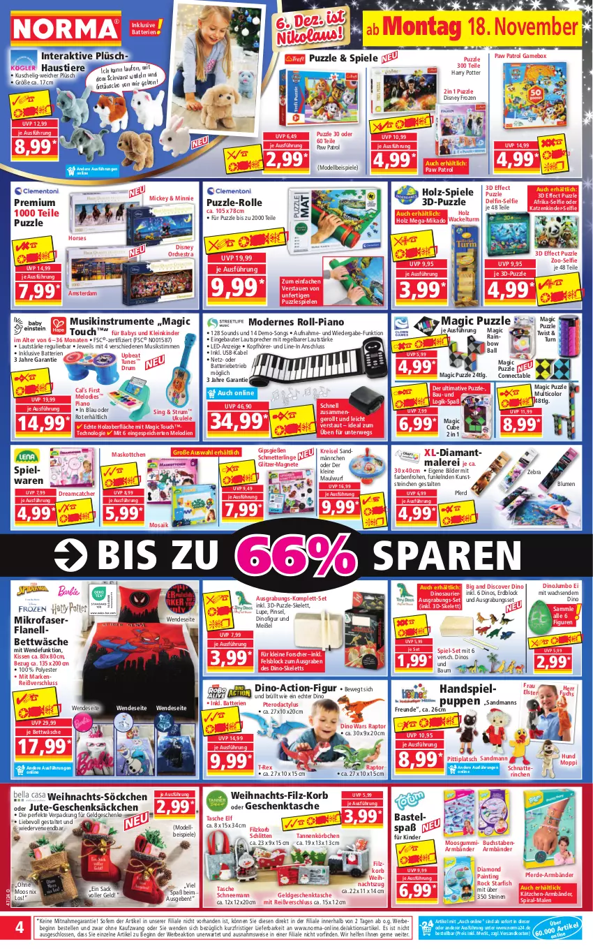 Aktueller Prospekt Norma - Norma - von 18.11 bis 25.11.2024 - strona 4 - produkty: aust, ball, batterie, batterien, Bau, Bebe, bett, bettwäsche, blume, blumen, buch, dell, disney, Effect, eis, elle, ente, erde, Geschenktasche, gin, Holz, jumbo, Kätzchen, Kinder, kissen, kopfhörer, korb, Körbchen, Laufen, lautsprecher, leine, LG, Mett, mikado, mikrofaser, Mode, Musikinstrument, ndk, Paw Patrol, Pinsel, Plüsch, Puppe, Puzzle, reis, rum, rwe, sac, Schlitten, Schmetterling, söckchen, Spiele, spielwaren, Stier, Tasche, Ti, Tiere, usb