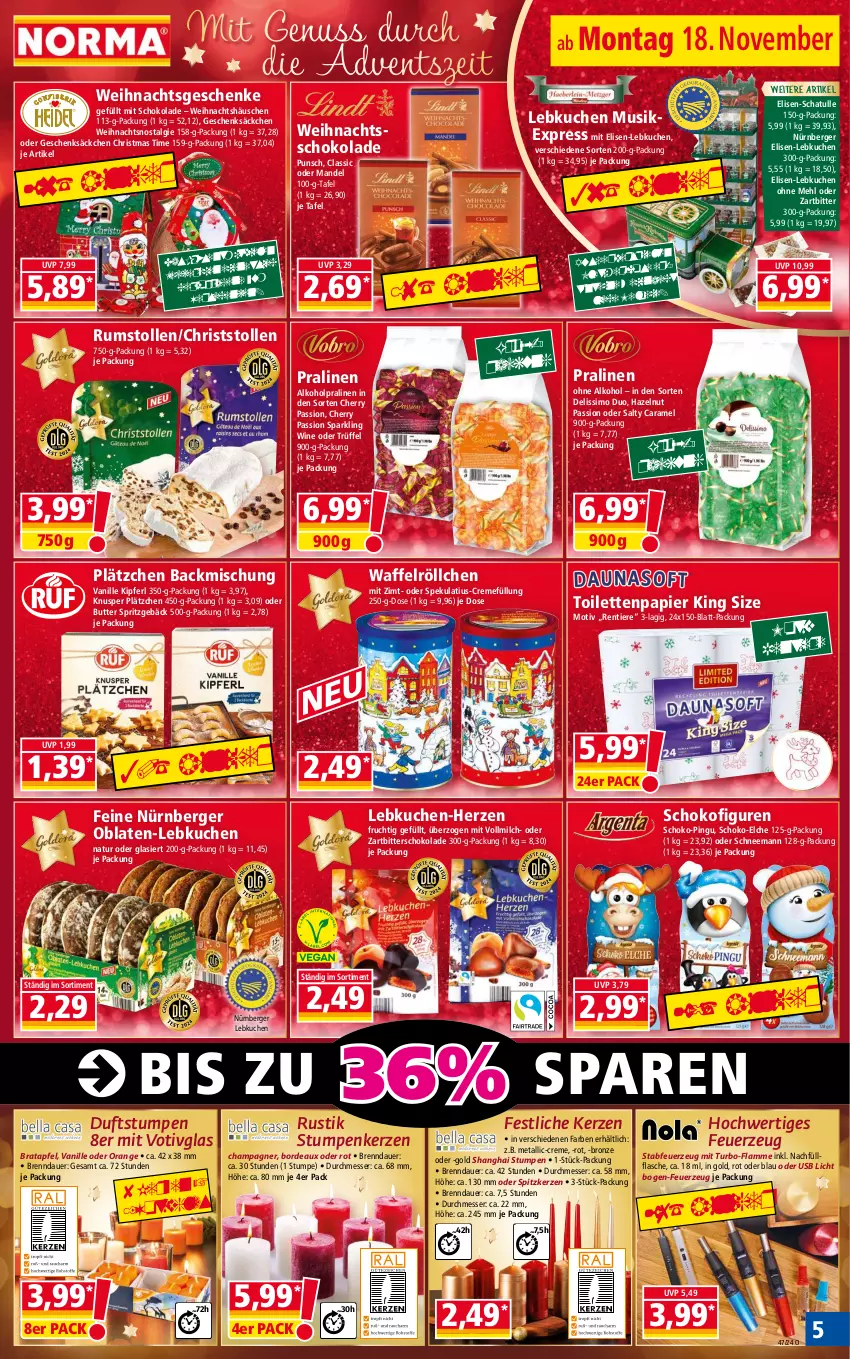 Aktueller Prospekt Norma - Norma - von 18.11 bis 25.11.2024 - strona 5 - produkty: alkohol, apfel, auer, backmischung, Berger, butter, caramel, champagne, champagner, creme, Feuerzeug, flasche, frucht, kerze, kuchen, lamm, Lätzche, Lebkuchen, LG, mandel, mehl, messer, milch, natur, nürnberger, Nürnberger Lebkuchen, nuss, Oblaten, ohne alkohol, orange, papier, pralinen, rum, schoko, schokolade, sim, Spritzgebäck, Stollen, Ti, Tiere, timer, toilettenpapier, Trüffel, usb, vanille, vollmilch, Waffelröllchen, Zartbitterschokolade