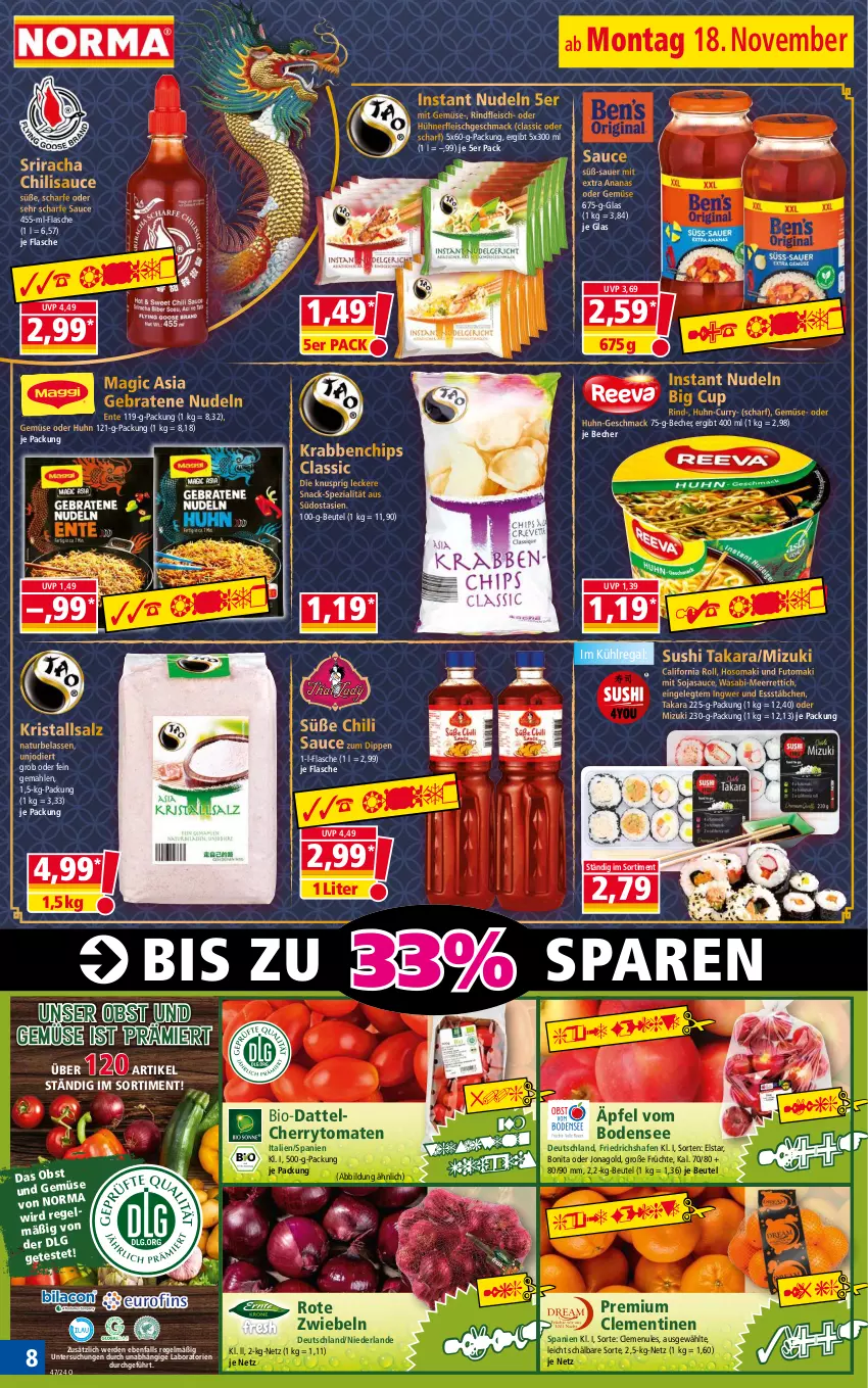 Aktueller Prospekt Norma - Norma - von 18.11 bis 25.11.2024 - strona 8 - produkty: ananas, auer, Becher, beutel, bio, bonita, braten, cherrytomaten, chili, chips, clementinen, curry, dip, eis, ente, erde, flasche, fleisch, früchte, hühner, ingwer, Kristallsalz, kühlregal, mac, mit gemüse, natur, nerf, nudel, nudeln, obst, Obst und Gemüse, regal, reis, Rettich, rind, rindfleisch, Rote Zwiebel, salz, sauce, snack, soja, sojasauce, Spezi, Sriracha, Sushi, Ti, tiefpreis, tomate, tomaten, und gemüse, wasa, zwiebel, zwiebeln