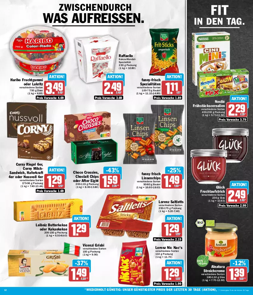 Aktueller Prospekt Aez - Prospekte - von 22.04 bis 27.04.2024 - strona 12 - produkty: after eight, aufstrich, beutel, butter, butterkeks, cerealien, chips, choclait chips, choco crossies, corny, creme, crossies, eis, frucht, fruchtaufstrich, fruchtgummi, Funny Frisch, funny-frisch, hafer, haribo, kakao, keks, kekse, kokos, kraft, Lakritz, leibniz, linsen, lorenz, mandel, milch, natur, natura, nestlé, nuss, oder lakritz, raffaello, reis, reiss, riegel, saltletts, sandwich, Spezi, Ti, ZTE