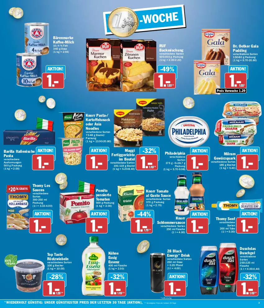 Aktueller Prospekt Aez - Prospekte - von 22.04 bis 27.04.2024 - strona 3 - produkty: backmischung, bärenmarke, barilla, Becher, beutel, Dr. Oetker, drink, duschdas, duschgel, eis, essig, fertiggericht, fertiggerichte, flasche, gewürz, gewürzquark, kaffee, kartoffel, knorr, knorr pasta, Kühne, lack, maggi, milch, milram, pasta, philadelphia, pomito, pudding, quark, reis, röstzwiebeln, sauce, schlemmersauce, senf, snack, thomy, thomy les sauces, Ti, tomate, tomaten, tomato al gusto, ZTE, zwiebel, zwiebeln