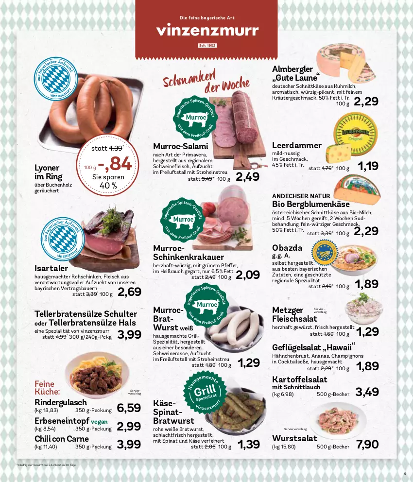 Aktueller Prospekt Aez - Prospekte - von 22.04 bis 27.04.2024 - strona 5 - produkty: ananas, andechser natur, auer, Bau, Bauer, Becher, bio, blume, blumen, braten, bratwurst, buch, champignon, champignons, chili, cocktail, cocktails, deutscher schnittkäse, eintopf, eis, elle, erbsen, fleisch, fleischsalat, Geflügel, geflügelsalat, gewürz, grill, gulasch, hähnchenbrust, Holz, kartoffel, kartoffelsalat, Käse, krakauer, kräuter, küche, leerdammer, lyoner, mac, milch, natur, nuss, obazda, österreichischer schnittkäse, pfeffer, Rauch, reis, rind, rinder, rindergulasch, ring, rohschinken, salami, salat, schinken, schinkenkrakauer, schnittkäse, schnittlauch, schwein, schweine, schweinefleisch, Soße, Spezi, spinat, teller, Ti, tisch, topf, wein, weine, wurst, Yo, ZTE