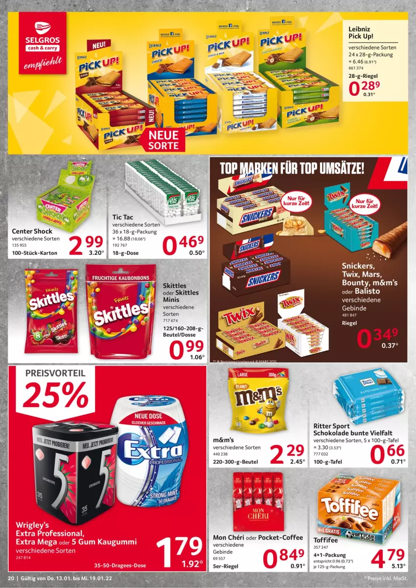 Aktueller Prospekt Selgros - Vorschau:
            Food - von 13.01 bis 19.01.2022 - strona 20 - produkty: balisto, beutel, bounty, eis, ente, leibniz, mars, Pick Up!, preisvorteil, reis, riegel, ritter, ritter sport, schoko, schokolade, skittles, snickers, Sport, Ti, toffifee, twix