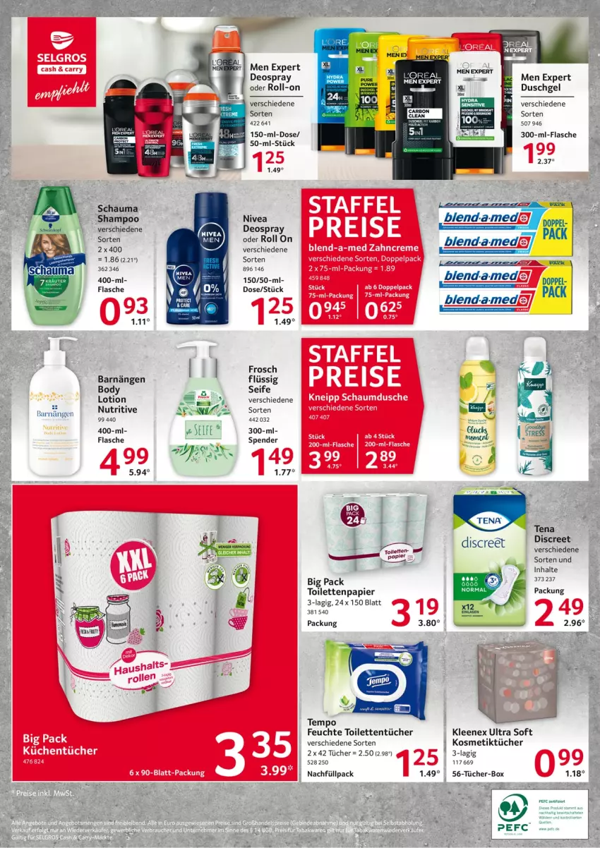 Aktueller Prospekt Selgros - Vorschau:
            Food - von 13.01 bis 19.01.2022 - strona 24 - produkty: body, deo, deospray, Discreet, duschgel, flasche, Frosch, kosmetik, Kosmetiktücher, loreal, Lotion, nivea, papier, roll-on, schauma, schauma shampoo, Seife, shampoo, Tempo, Ti, toilettenpapier, toilettentücher, tücher, Yo