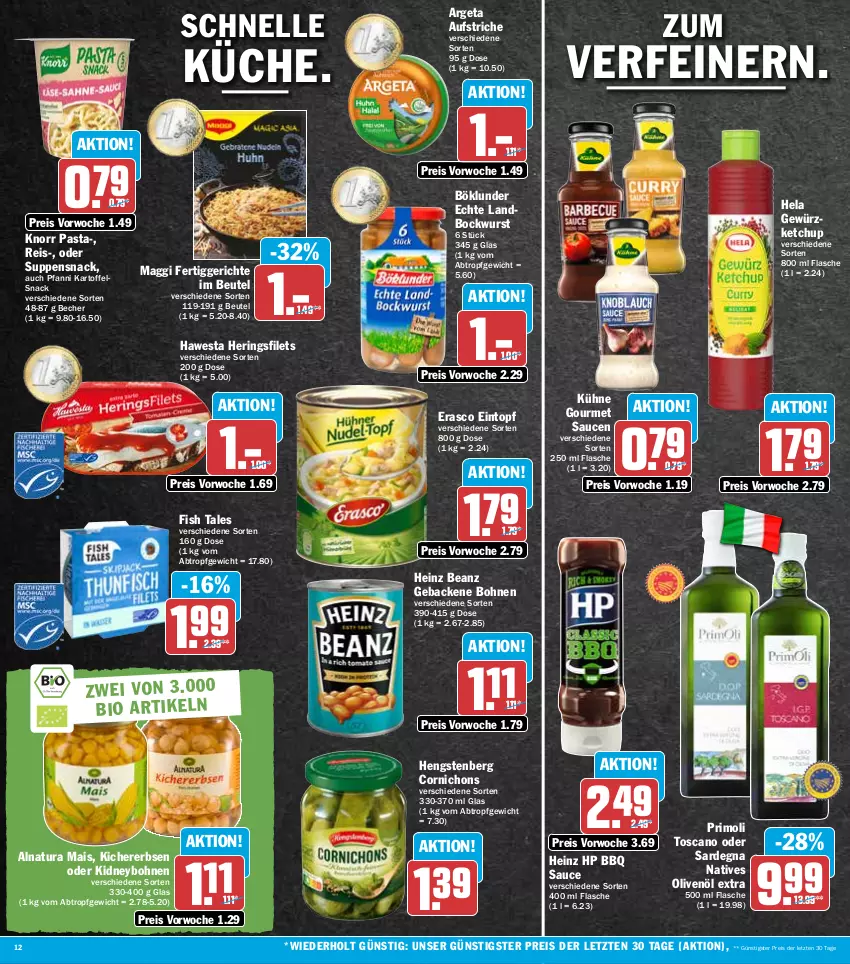 Aktueller Prospekt Hit - Prospekte - von 22.08 bis 27.08.2022 - strona 12 - produkty: aufstrich, beanz, Becher, beutel, bockwurst, bohne, bohnen, böklunder, eintopf, eis, elle, erasco, erbsen, fertiggericht, fertiggerichte, filet, filets, flasche, geback, gewürz, gewürzketchup, hawesta, heinz, Hela, hengstenberg, hering, Herings, heringsfilets, HP, kartoffel, ketchup, kichererbsen, kidney, knorr, knorr pasta, küche, Kühne, maggi, mais, natives olivenöl, natur, natura, olive, oliven, olivenöl, olivenöl extra, pasta, pfanni, reis, ring, sauce, saucen, snack, suppe, suppen, Ti, topf, wurst, ZTE