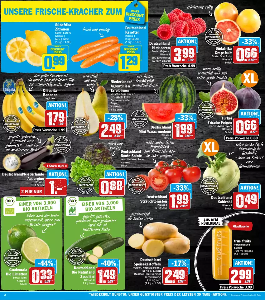 Aktueller Prospekt Hit - Prospekte - von 22.08 bis 27.08.2022 - strona 2 - produkty: aubergine, auer, aus dem kühlregal, banane, bananen, beere, beeren, berliner, beutel, bio, Birnen, braten, bunte salate, chiquita, discount, eis, Feigen, flasche, fleisch, frucht, früchte, fruchtfleisch, gin, glasflasche, grapefruit, grill, himbeer, himbeere, himbeeren, ilag, karotten, kartoffel, kartoffeln, kohlrabi, kracher, küche, kühlregal, limette, limetten, mac, melone, Mett, metten, natur, naturland, Rauch, regal, reis, saft, salat, salate, Schal, Schale, speisekartoffeln, strauchtomaten, tafelbirnen, Ti, tisch, tomate, tomaten, true fruits, wasser, wassermelone, Yo, zitrone, zitronen, ZTE, zucchini