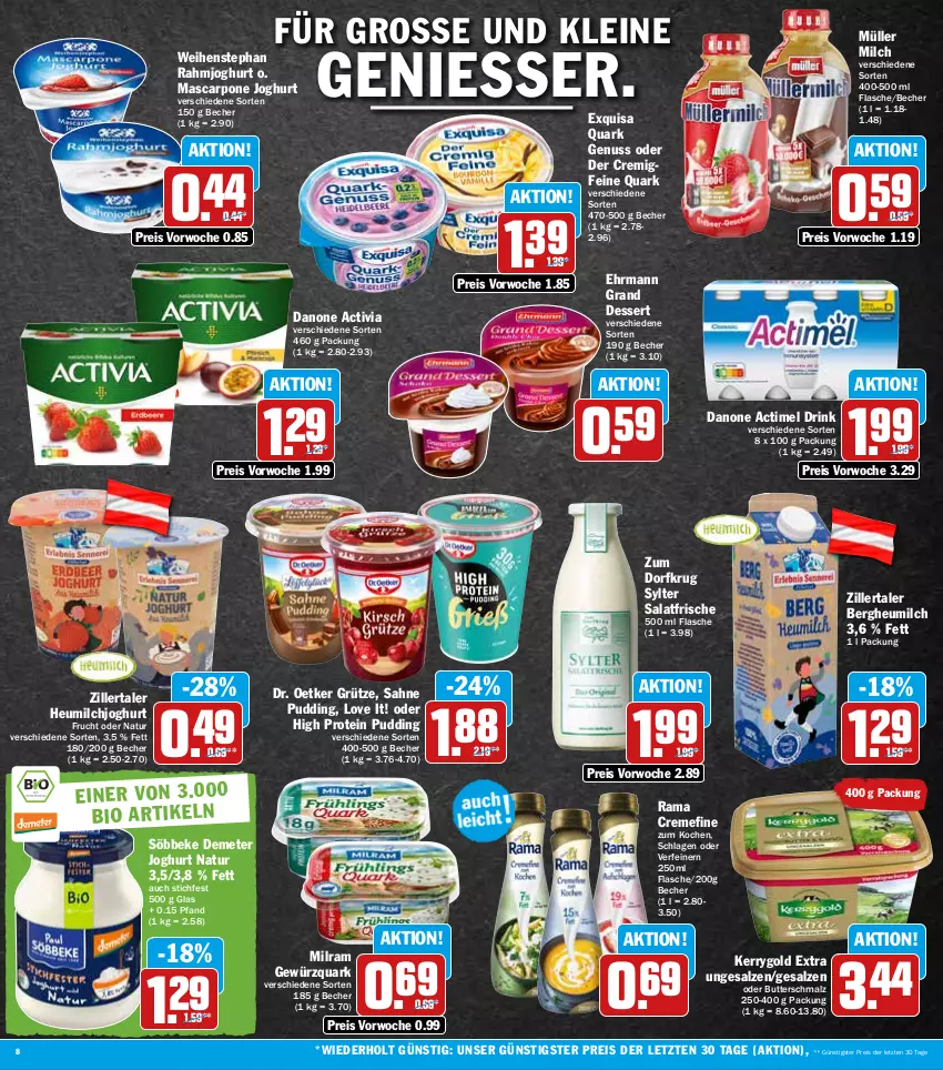 Aktueller Prospekt Hit - Prospekte - von 22.08 bis 27.08.2022 - strona 8 - produkty: actimel, actimel drink, activia, Becher, butter, Butterschmalz, creme, danone, danone actimel drink, danone activia, dessert, Dr. Oetker, drink, ehrmann, Ehrmann Grand Dessert, eis, exquisa, flasche, frucht, gewürz, gewürzquark, grütze, Heu, heumilch, joghur, joghurt, kerrygold, kerrygold extra, leine, malz, mascarpone, milch, milram, Müller, natur, nuss, pudding, quark, quark genus, quark genuss, rahmjoghurt, rama, rama cremefine, reis, sahne, salat, salz, Schmalz, söbbeke, Sylter, Ti, weihenstephan, ZTE, Zum Dorfkrug