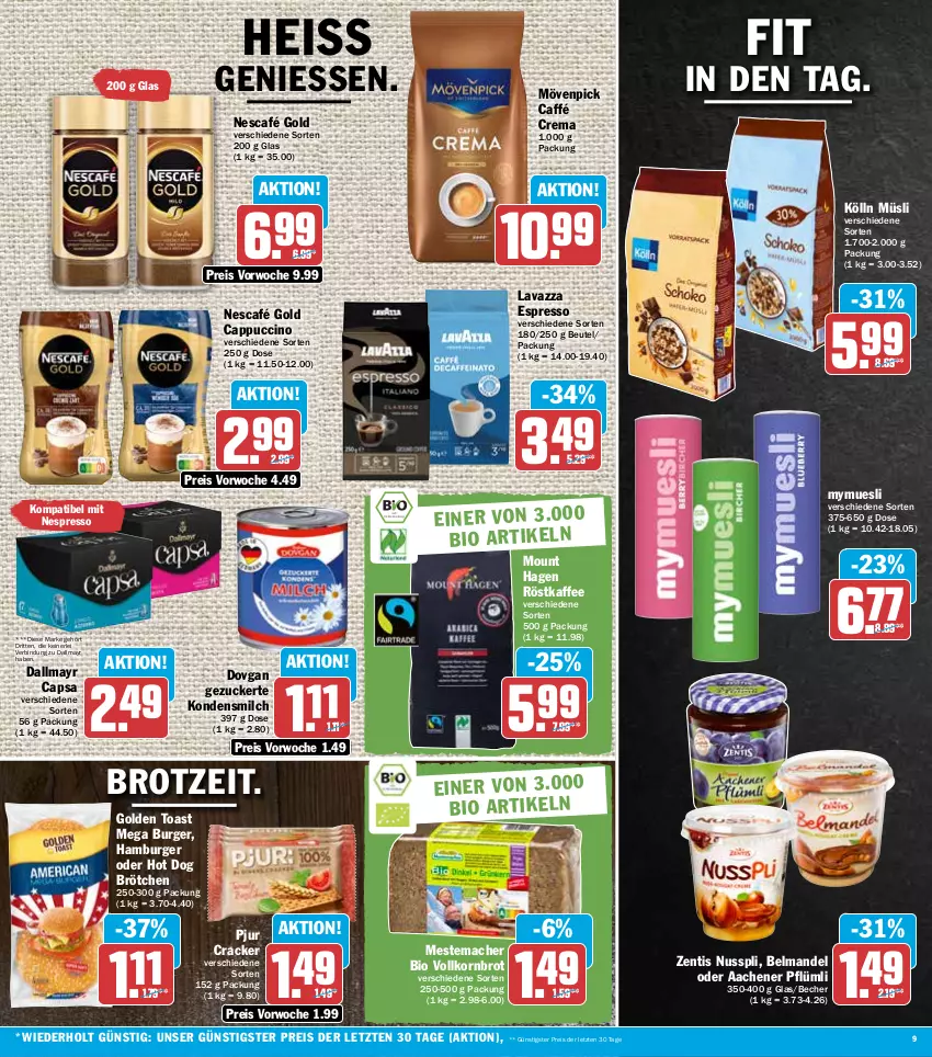 Aktueller Prospekt Hit - Prospekte - von 22.08 bis 27.08.2022 - strona 9 - produkty: Becher, Belmandel, beutel, bio, brot, brötchen, burger, Cap, cappuccino, cin, cracker, dallmayr, dallmayr capsa, dovgan, eis, espresso, golden toast, hamburger, hot dog, kaffee, kölln, kondensmilch, korn, Kornbrot, lavazza, mac, mandel, mestemacher, milch, mövenpick, müsli, Nescafé, nescafé gold, nespresso, nuss, nusspli, reis, röstkaffee, Ti, toast, vollkornbrot, zentis, ZTE, zucker