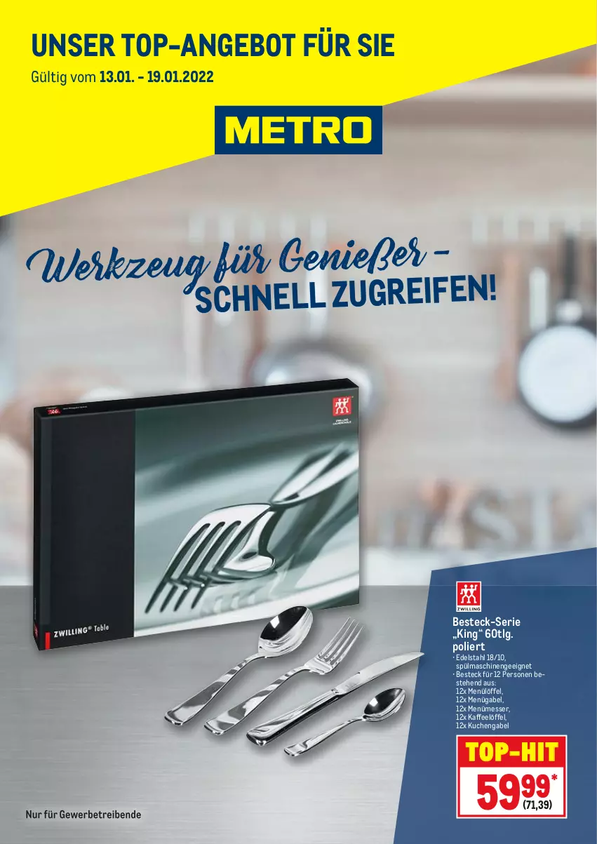 Aktueller Prospekt Metro - Knallerpreis Besteckserie - von 13.01 bis 19.01.2022 - strona 1 - produkty: angebot, besteck, edelstahl, gabel, kaffee, kuchen, LG, Löffel, messer, spülmaschinen, Ti, top-angebot, top-hit