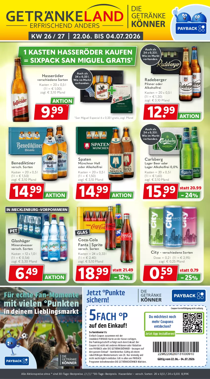 Aktueller Prospekt Getraenkeland - von 21.06 bis 03.07.2026 - strona 1 - produkty: aktionspreis, alkohol, Alwa, Benediktiner, Berger, bestpreis, bestpreise, carlsberg, coca-cola, cola, coupon, coupons, decke, eis, ente, fanta, getränk, getränke, hasseröder, LG, mineralwasser, payback, pils, pilsner, radeberger, radeberger pilsner, reis, Spaten, sprite, Ti, wasser