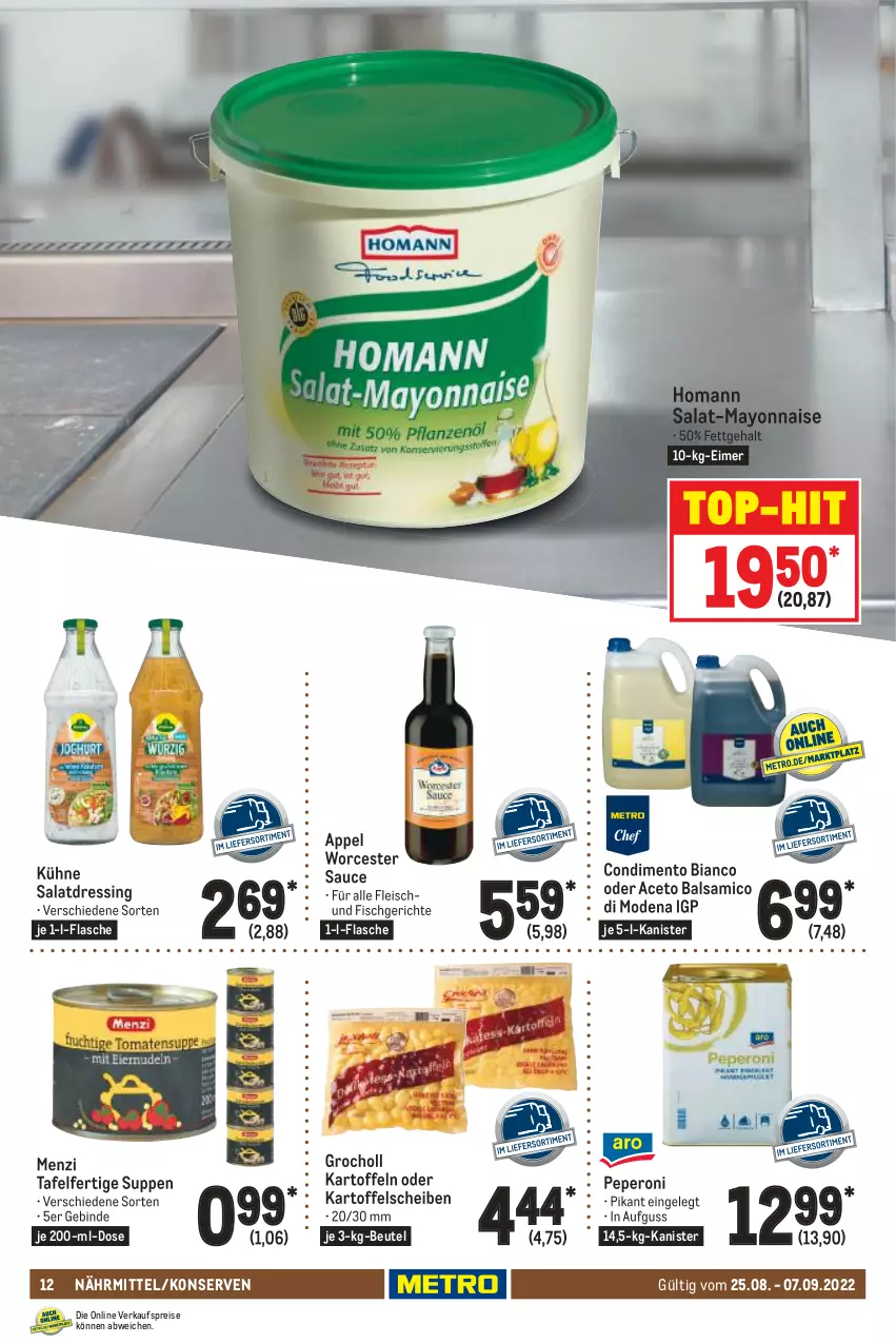 Aktueller Prospekt Metro - GastroJournal - von 25.08 bis 07.09.2022 - strona 12 - produkty: aceto, aceto balsamico, balsam, balsamico, beutel, condimento, Condimento Bianco, dressing, eimer, eis, fisch, flasche, fleisch, homann, kartoffel, kartoffeln, Konserven, Kühne, mayonnaise, Mode, peperoni, Peroni, reis, salat, salatdressing, sauce, suppe, suppen, Ti, top-hit, Yo