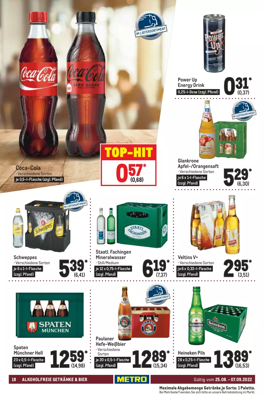 Aktueller Prospekt Metro - GastroJournal - von 25.08 bis 07.09.2022 - strona 18 - produkty: alkohol, alkoholfreie getränke, Alwa, apfel, bier, coca-cola, cola, drink, energy drink, flasche, getränk, getränke, Hefe, heineken, krone, mineralwasser, orange, orangen, orangensaft, Palette, Paula, paulaner, pils, saft, schweppes, Spaten, Staatl. Fachingen, Ti, top-hit, veltins, wasser