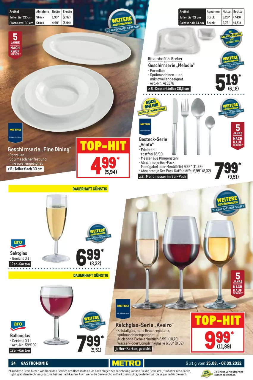 Aktueller Prospekt Metro - GastroJournal - von 25.08 bis 07.09.2022 - strona 24 - produkty: ball, besteck, brut, dessert, Dessertteller, drink, edelstahl, eis, elle, gabel, geschirr, Geschirrserie, kaffee, latte, LG, Löffel, messer, mikrowelle, reis, salat, Schal, Schale, sekt, spülmaschinen, teller, Ti, top-hit, wasser