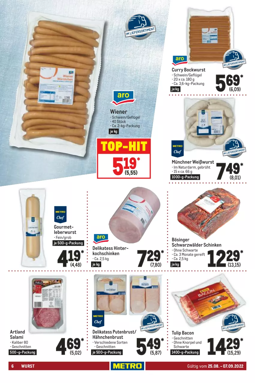 Aktueller Prospekt Metro - GastroJournal - von 25.08 bis 07.09.2022 - strona 6 - produkty: bacon, bockwurst, curry, Geflügel, hähnchenbrust, hinterkochschinken, kochschinken, leberwurst, natur, pute, putenbrust, salami, schinken, schnitten, schwarzwälder schinken, schwein, Ti, top-hit, tulip, wein, Weißwurst, wiener, wurst