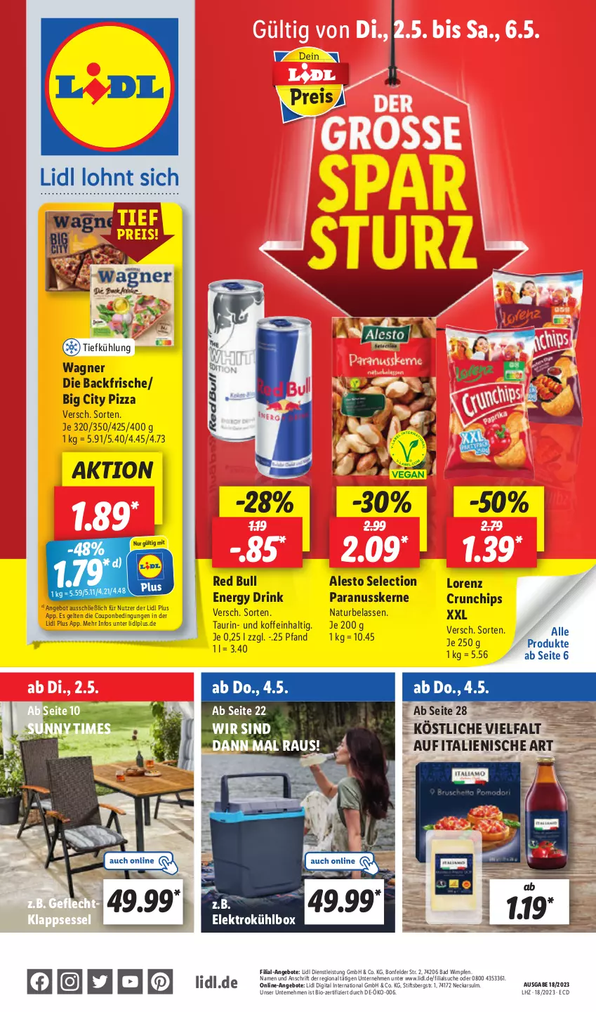 Aktueller Prospekt Lidl - Aktionsprospekt - von 02.05 bis 06.05.2023 - strona 1 - produkty: alesto, angebot, angebote, Bad, bio, chips, coupon, crunchips, drink, eis, Elektro, energy drink, klappsessel, kühlbox, lorenz, lorenz crunchips, natur, nuss, Paranusskerne, pizza, red bull, reis, sessel, Ti, wagner