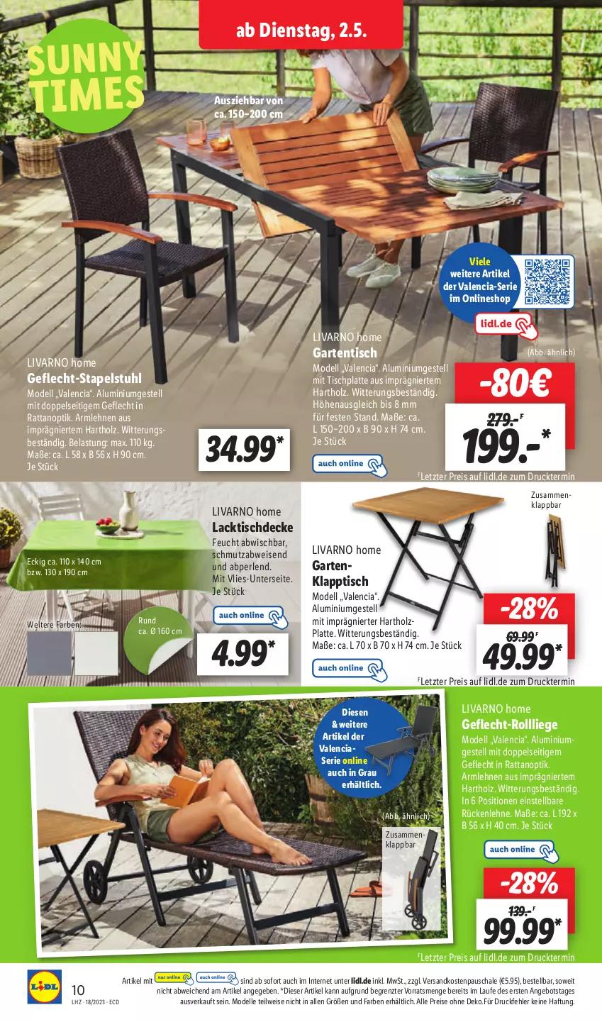 Aktueller Prospekt Lidl - Aktionsprospekt - von 02.05 bis 06.05.2023 - strona 14 - produkty: aluminiumgestell, angebot, armlehnen, decke, dell, eis, elle, Garten, gartentisch, Holz, HP, klapptisch, lack, latte, Liege, Mode, ndk, perlen, reis, rückenlehne, Schal, Schale, stapelstuhl, stuhl, Ti, tisch, tischdecke, tischplatte, ZTE