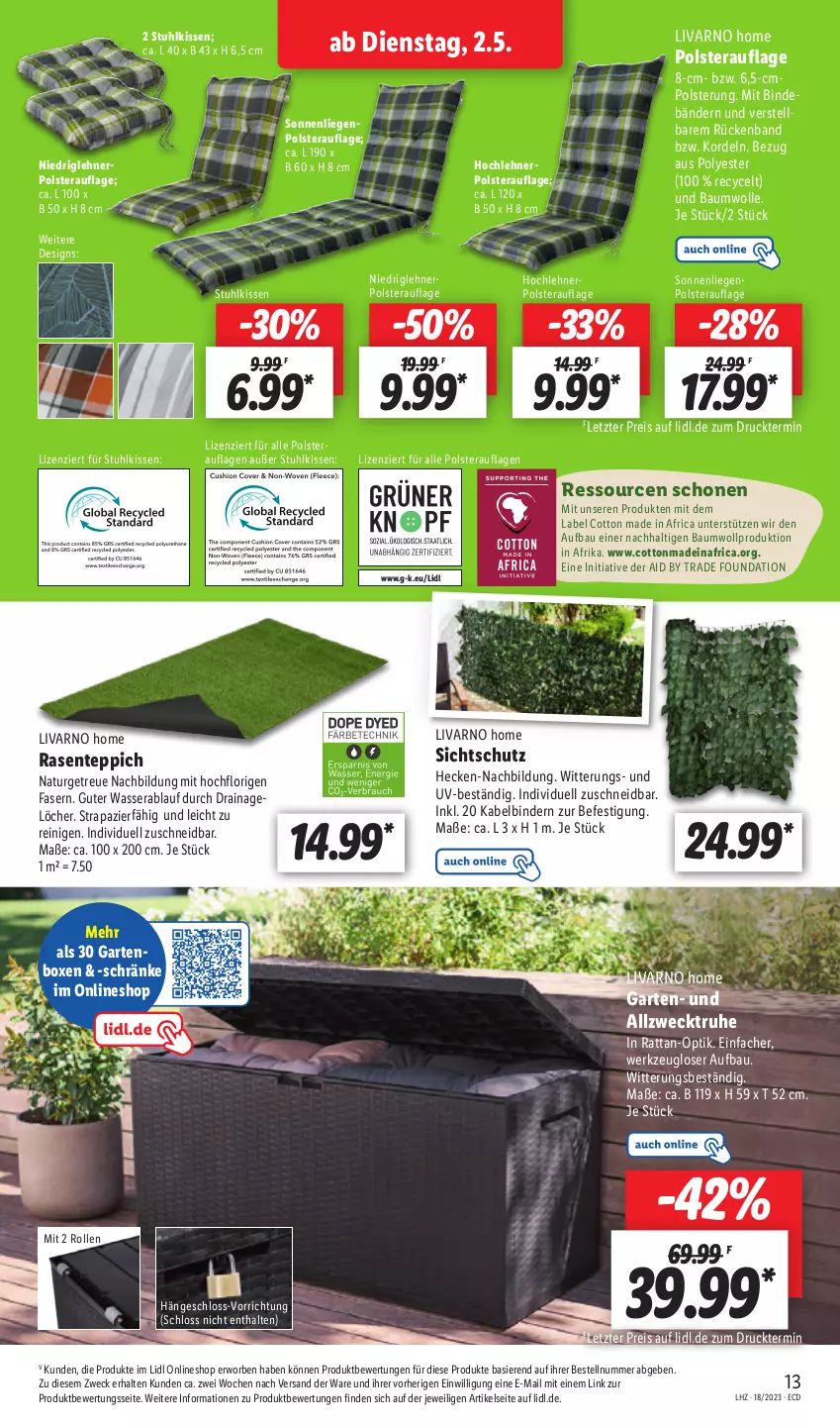 Aktueller Prospekt Lidl - Aktionsprospekt - von 02.05 bis 06.05.2023 - strona 17 - produkty: Bau, baumwolle, eis, ente, Garten, kissen, Liege, natur, rasen, reis, sonnenliege, stuhl, stuhlkissen, teppich, Ti, wasser, weck, werkzeug, wolle, ZTE