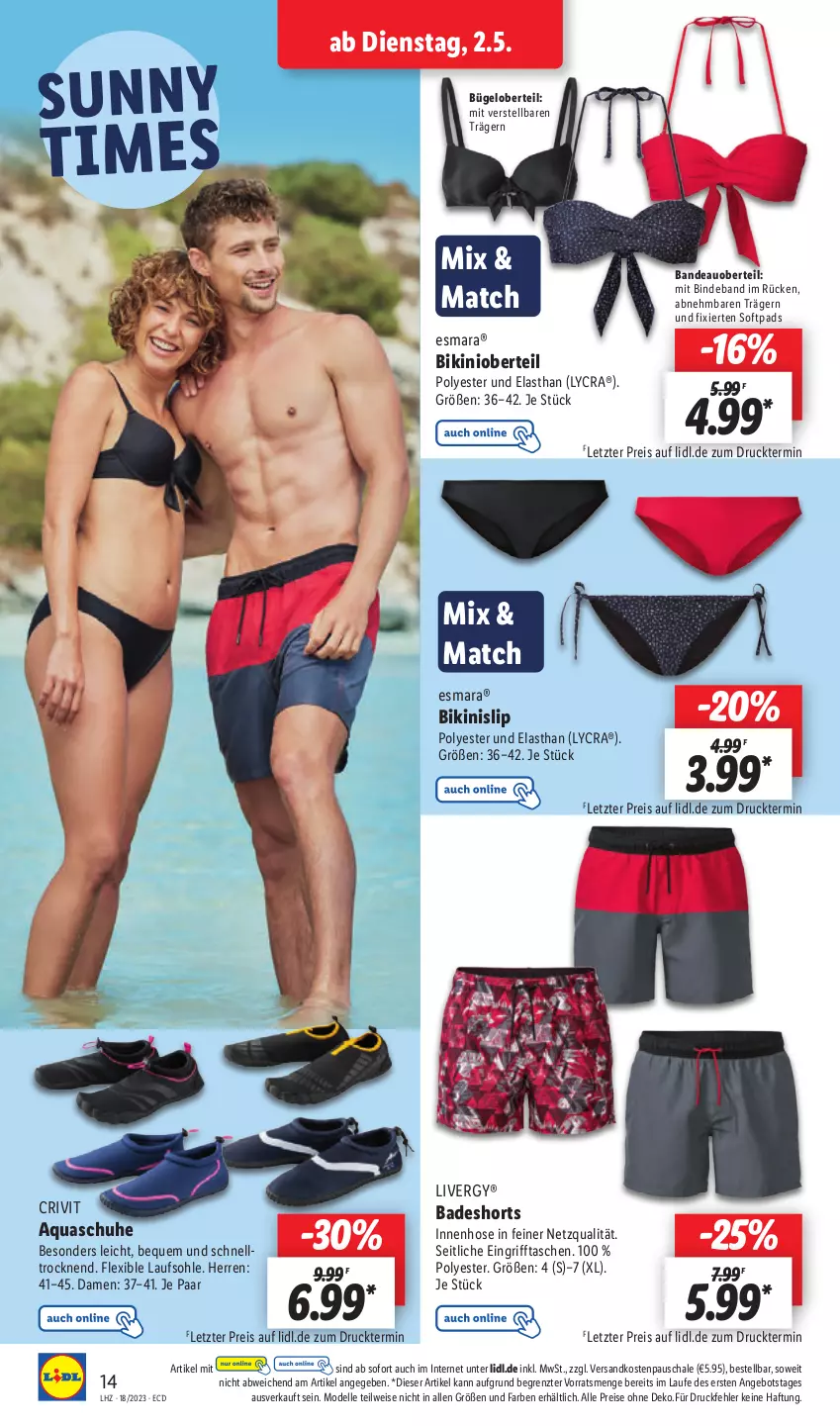 Aktueller Prospekt Lidl - Aktionsprospekt - von 02.05 bis 06.05.2023 - strona 18 - produkty: angebot, aqua, Bad, badeshorts, bikini, bügel, crivit, dell, eis, elle, esmara, hose, livergy, Mode, ndk, reis, Schal, Schale, schuhe, shorts, slip, Tasche, taschen, Ti, ZTE