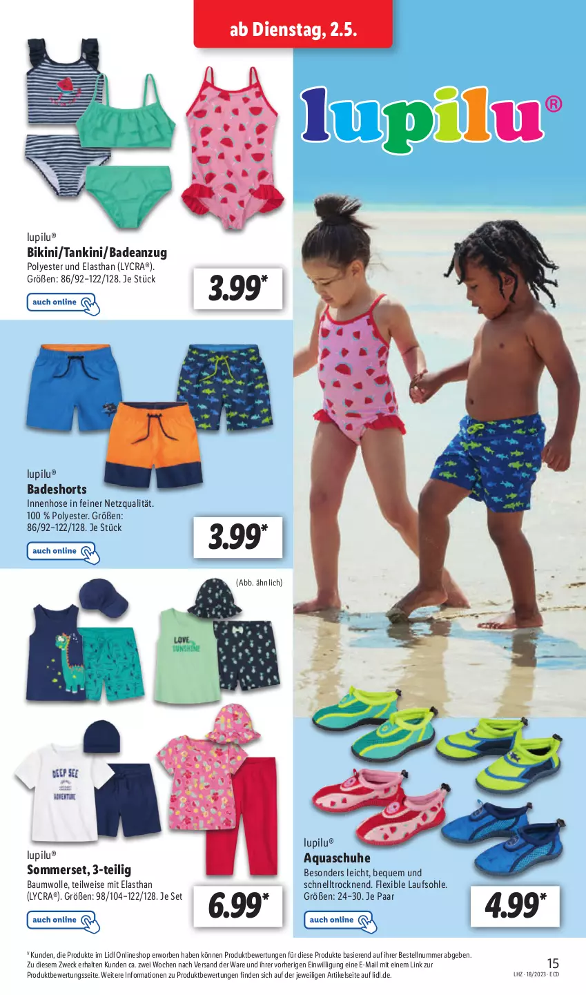 Aktueller Prospekt Lidl - Aktionsprospekt - von 02.05 bis 06.05.2023 - strona 19 - produkty: Anzug, aqua, Bad, badeanzug, badeshorts, Bau, baumwolle, bikini, eis, hose, lupilu, schuhe, shorts, Ti, weck, wolle